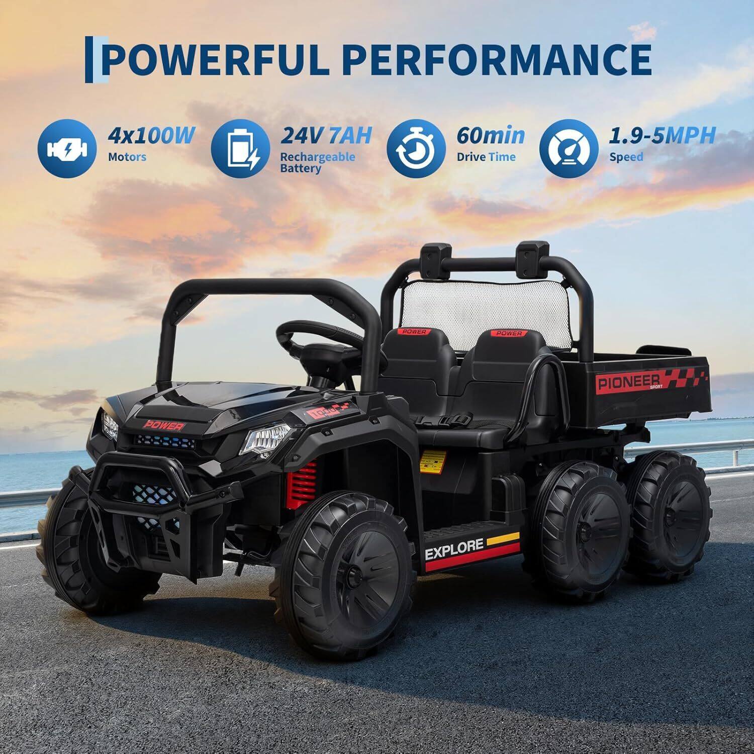 POWERFUL PERFORMANCE

- 4x100W Motors
- 24V 7AH Rechargeable Battery
- 60min Drive Time
- 1.9-5MPH Speed

PIONEER
EXPLORE
