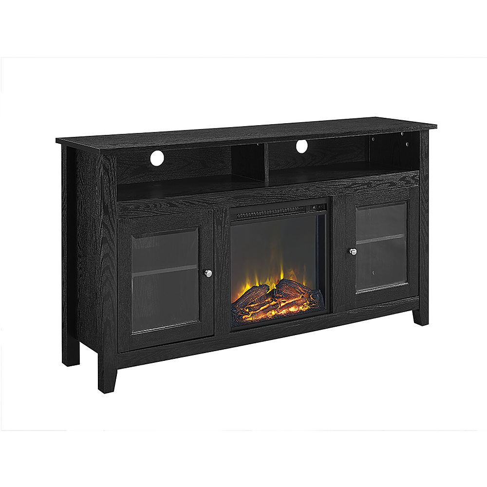 Angle View: Walker Edison - 58" Tall Glass Two Door Soundbar Storage Fireplace TV Stand for Most TVs Up to 65" - Black