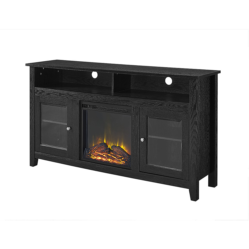 Left View: Walker Edison - 58" Tall Glass Two Door Soundbar Storage Fireplace TV Stand for Most TVs Up to 65" - Black