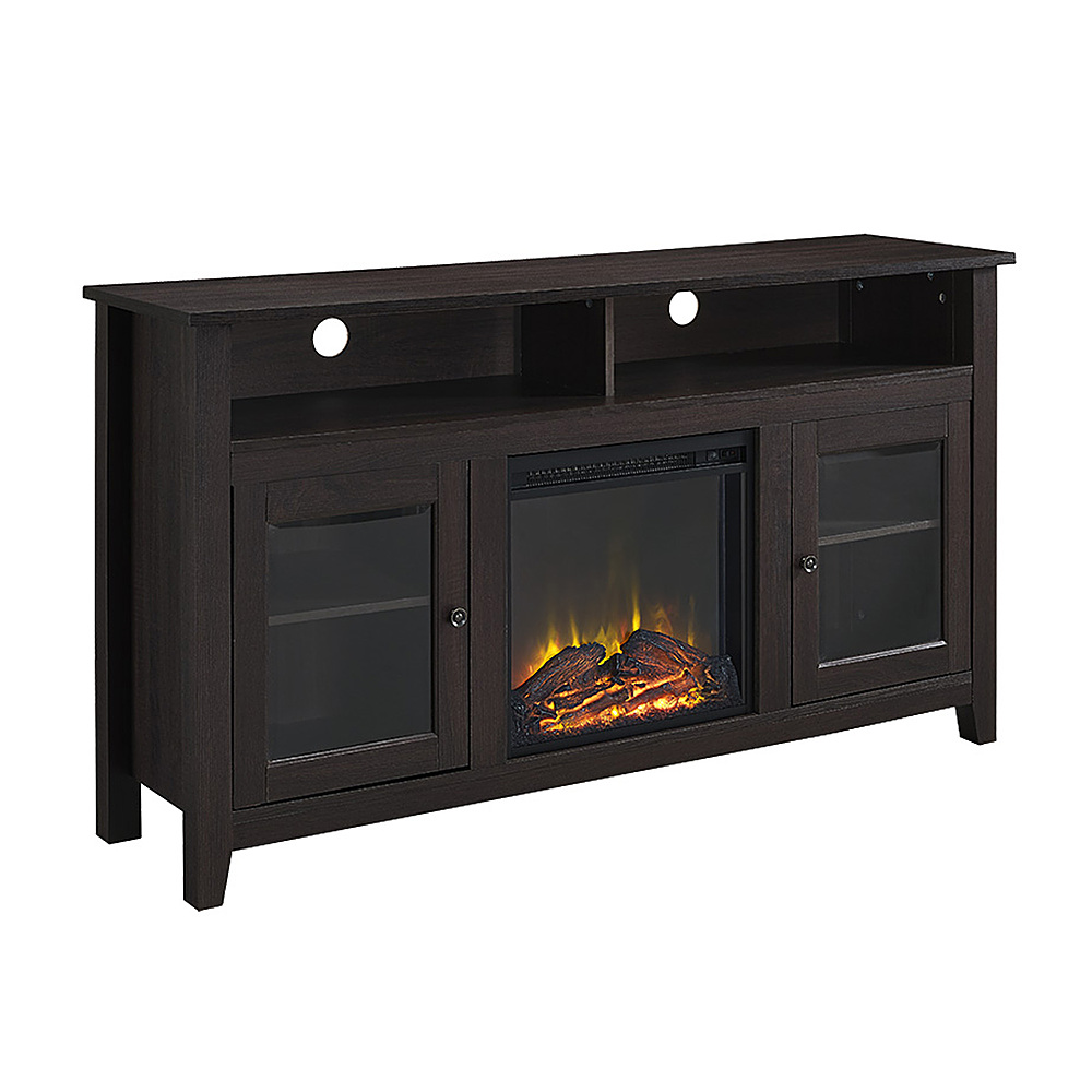Angle View: Walker Edison - 58" Tall Glass Two Door Soundbar Storage Fireplace TV Stand for Most TVs Up to 65" - Espresso