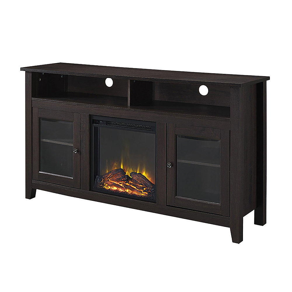Left View: Walker Edison - 58" Tall Glass Two Door Soundbar Storage Fireplace TV Stand for Most TVs Up to 65" - Espresso