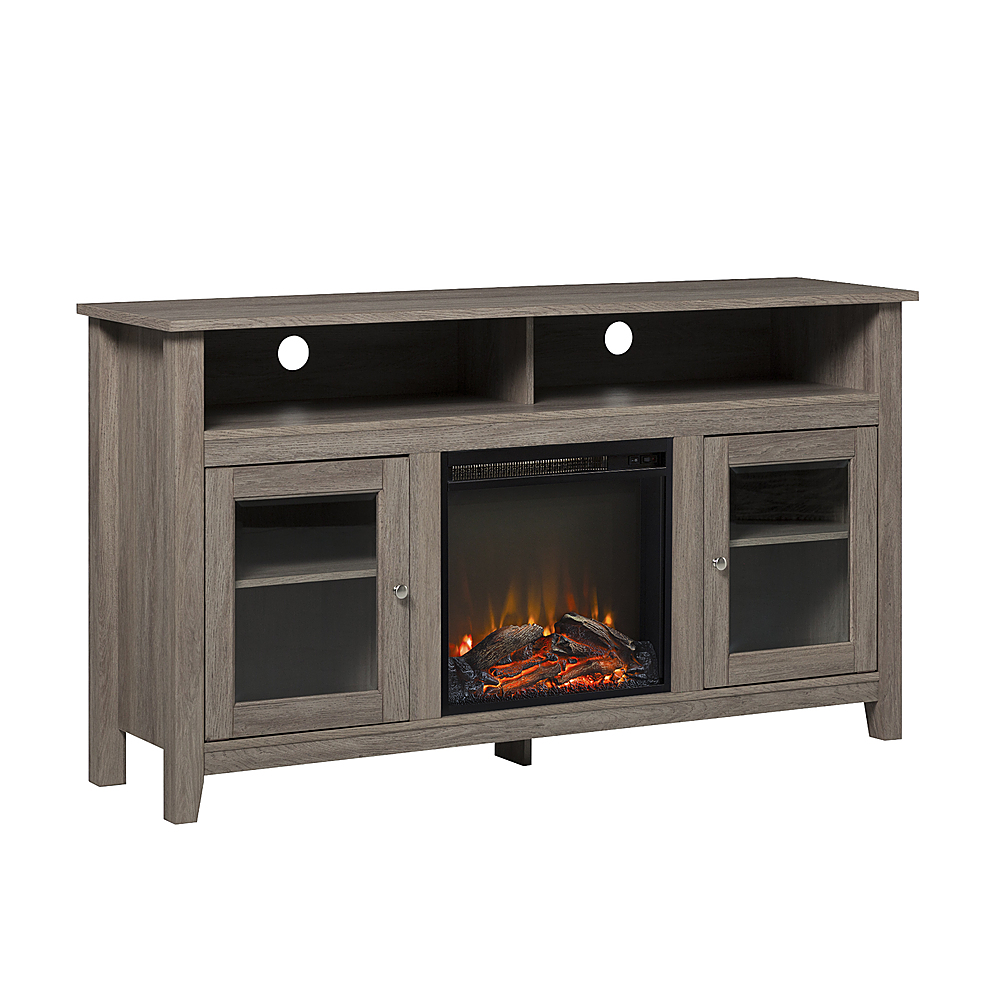 Angle View: Walker Edison - 58" Tall Glass Two Door Soundbar Storage Fireplace TV Stand for Most TVs Up to 65" - Driftwood