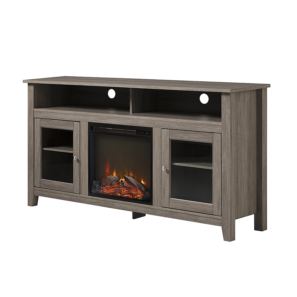 Left View: Walker Edison - 58" Tall Glass Two Door Soundbar Storage Fireplace TV Stand for Most TVs Up to 65" - Driftwood