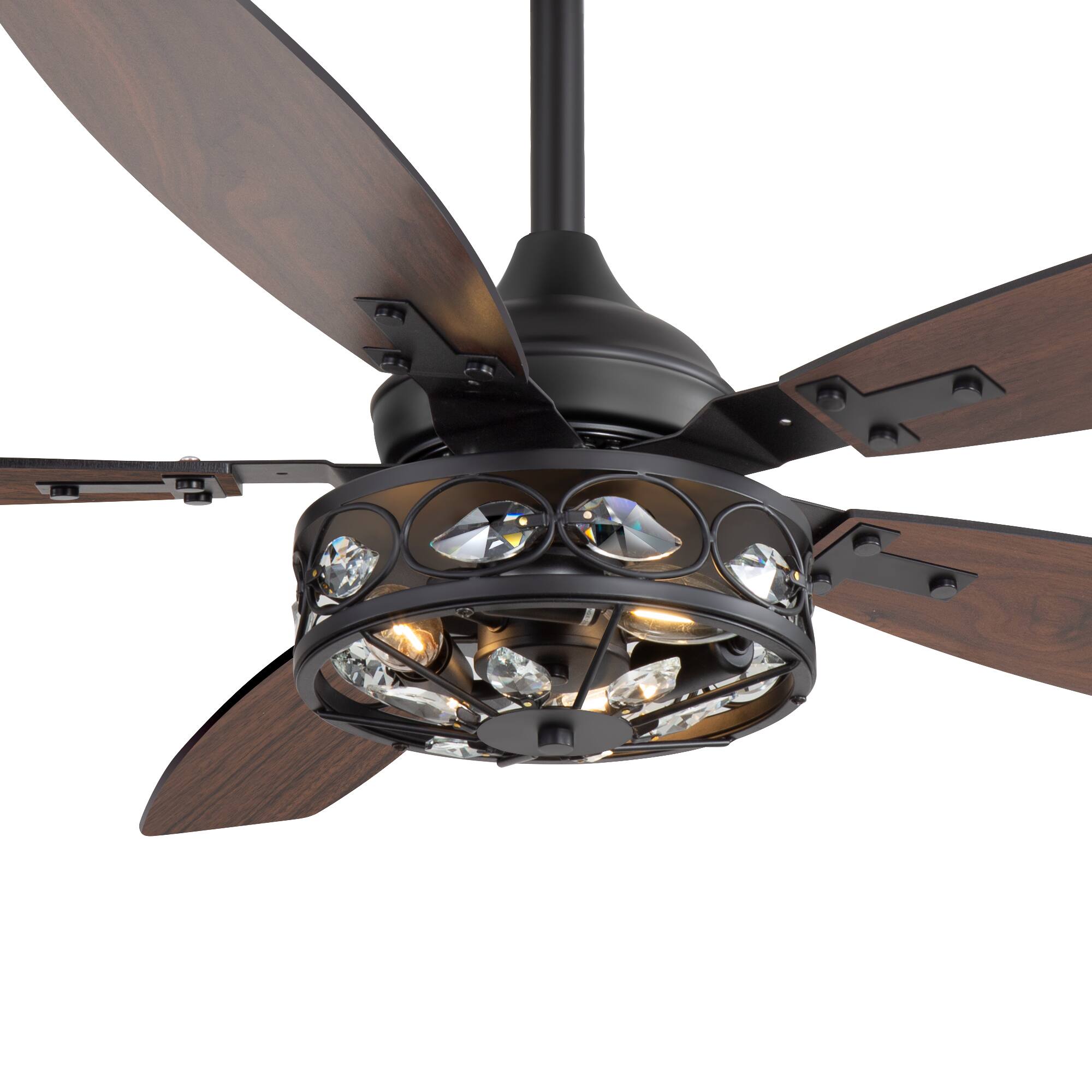Left. Breezary - 48" Industrial Ceiling Fan with 5 Dual-Finish Plywood Blades,  6 Speeds, DC Motor, Remote Control with Timer - Matte Black and Dark Wood Grain.