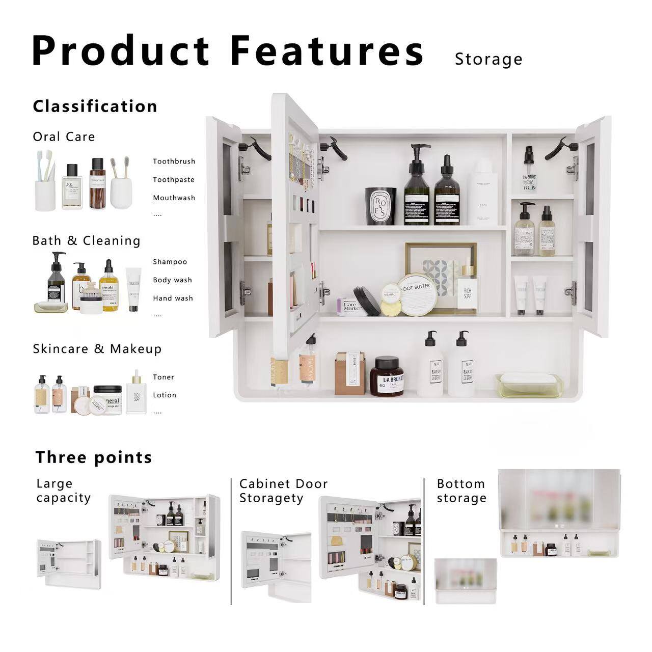 Product Features Storage

Classification
Oral Care
- Toothbrush
- Toothpaste
- Mouthwash

Bath & Cleaning
- Shampoo
- Body wash
- Hand wash

Skincare & Makeup
- Toner
- Lotion

Three points
- Large capacity
- Cabinet Door Storagety
- Bottom storage