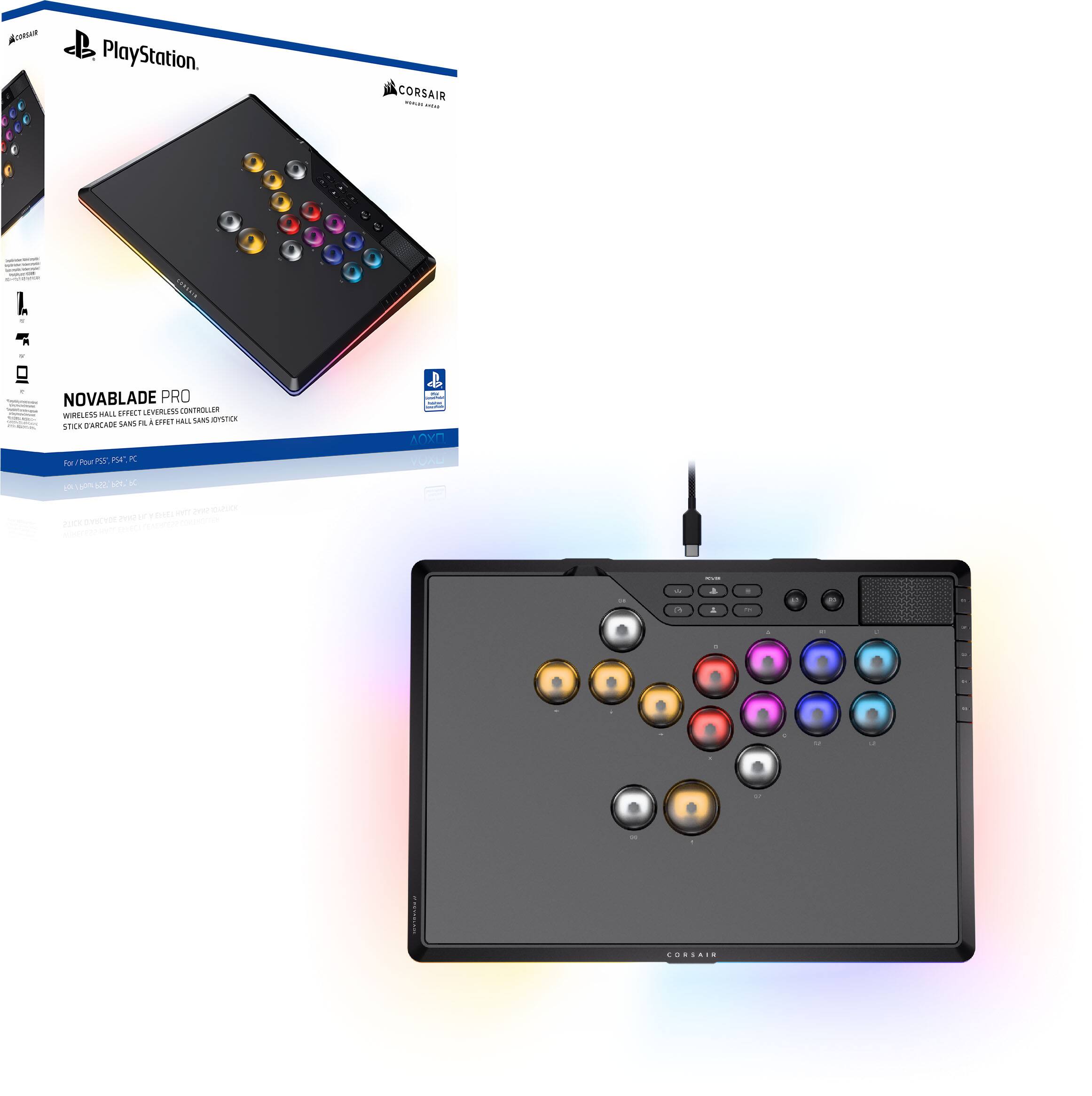 Sure, here is the corrected and grouped text from the image:

---

**PlayStation**

**CORSAIR**

**NOVABLADE PRO**

**WIRELESS GAMEPAD FOR PS4/PS5**

**STICK BLADE SANS FIL AVEC ÉCRAN HALLS, OPTIQUE**

**For PS4 / PS5 - 2.4 GHz**

**CORSAIR**

---

**AIMAR L + 4 - B**

**CORSAIR**

**9 8 NOVABLADE PRO FORLS MBL LIVERLESS TONTEAES WIRELESS**

**A VUT MAS SANS OTS/SE STAN DARCADE SEaS Tour PU P. K Than I KOX Te N u K**

**- de C 2 S d - - .**

**- | .......**

---

This text appears to be a mix of product information and possibly some unrelated or garbled text. The main focus is on the Corsair Novablae Pro wireless gamepad for PlayStation 4 and 5.