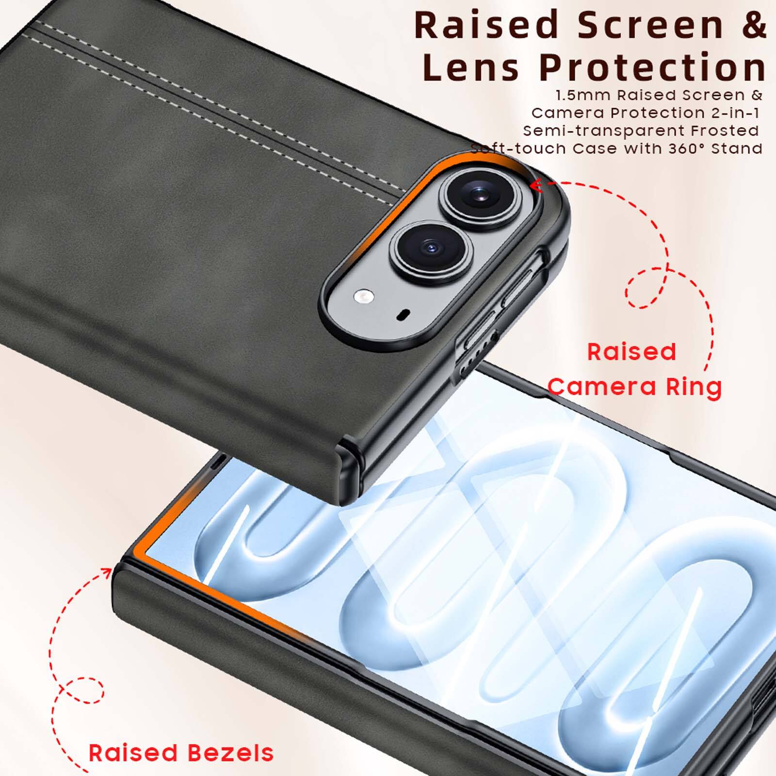 Raised Screen & Lens Protection  
1.5mm Raised Screen & Camera Protection 2-in-1 Semi-transparent Frosted soft-touch Case with 360° Stand  
Raised Camera Ring  
Raised Bezels