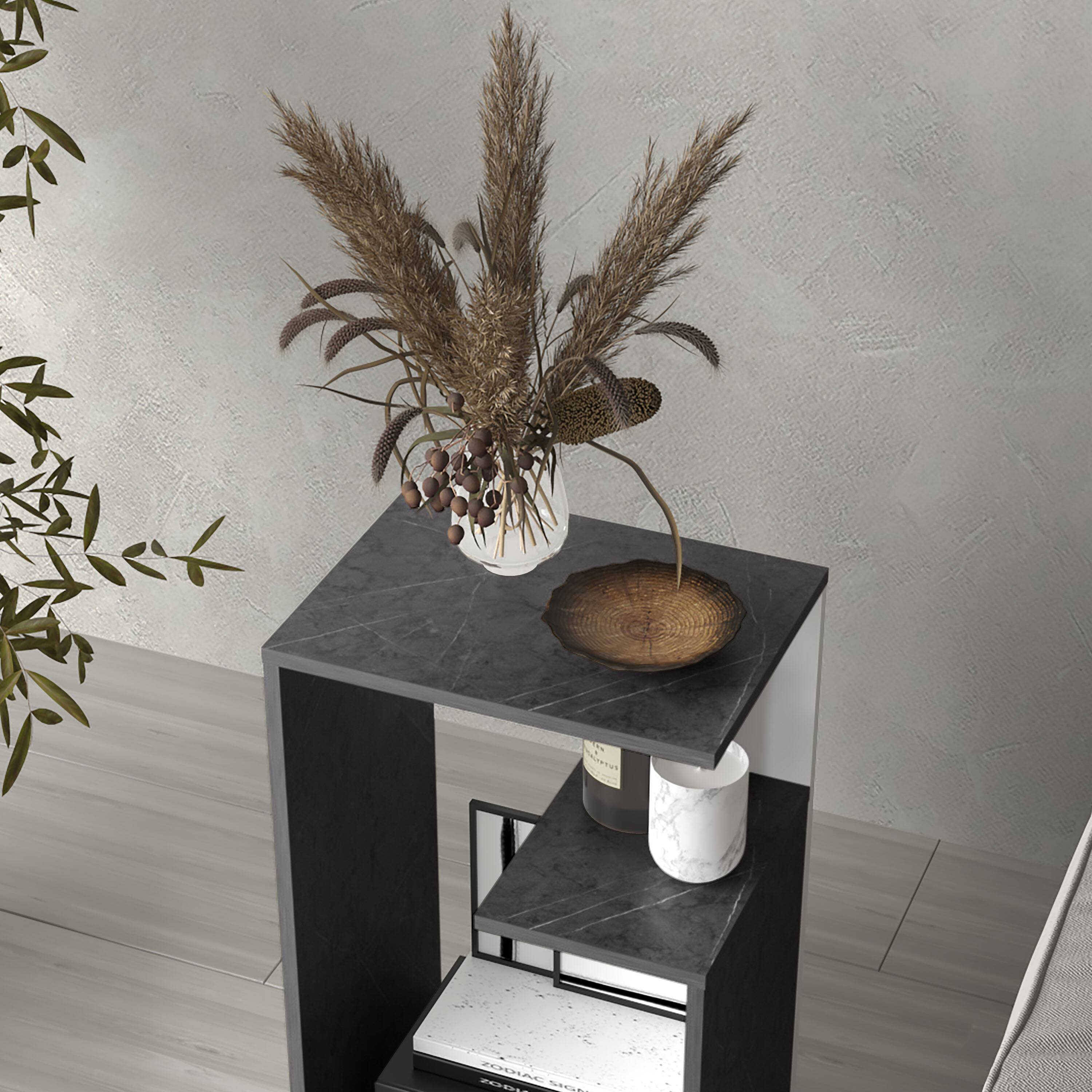 Angle. TuHome - Everet High 3-Tier Open Shelf Coffe Table or side table for Living Room and Bedroom - Onix - White.
