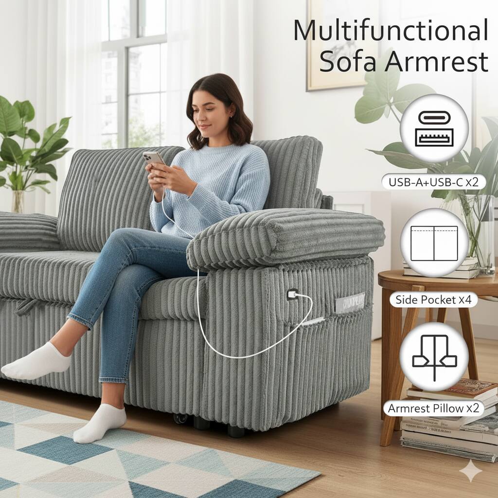 Multifunctional Sofa Armrest  
USB-A+USB-C x2  
Side Pocket x4  
Armrest Pillow x2