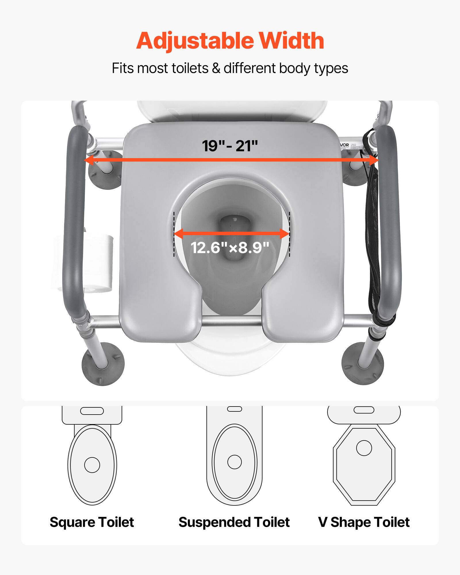 Adjustable Width
Fits most toilets & different body types
19"- -21"
12.6"x8.9"
Square Toilet
Suspended Toilet
V Shape Toilet