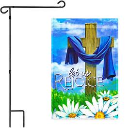 G128 - Combo Pack: Garden Flag Stand 36x16 Inch and "Let Us Rejoice" Easter Cross Garden Flag 12x18 Inch - Assorted Colors