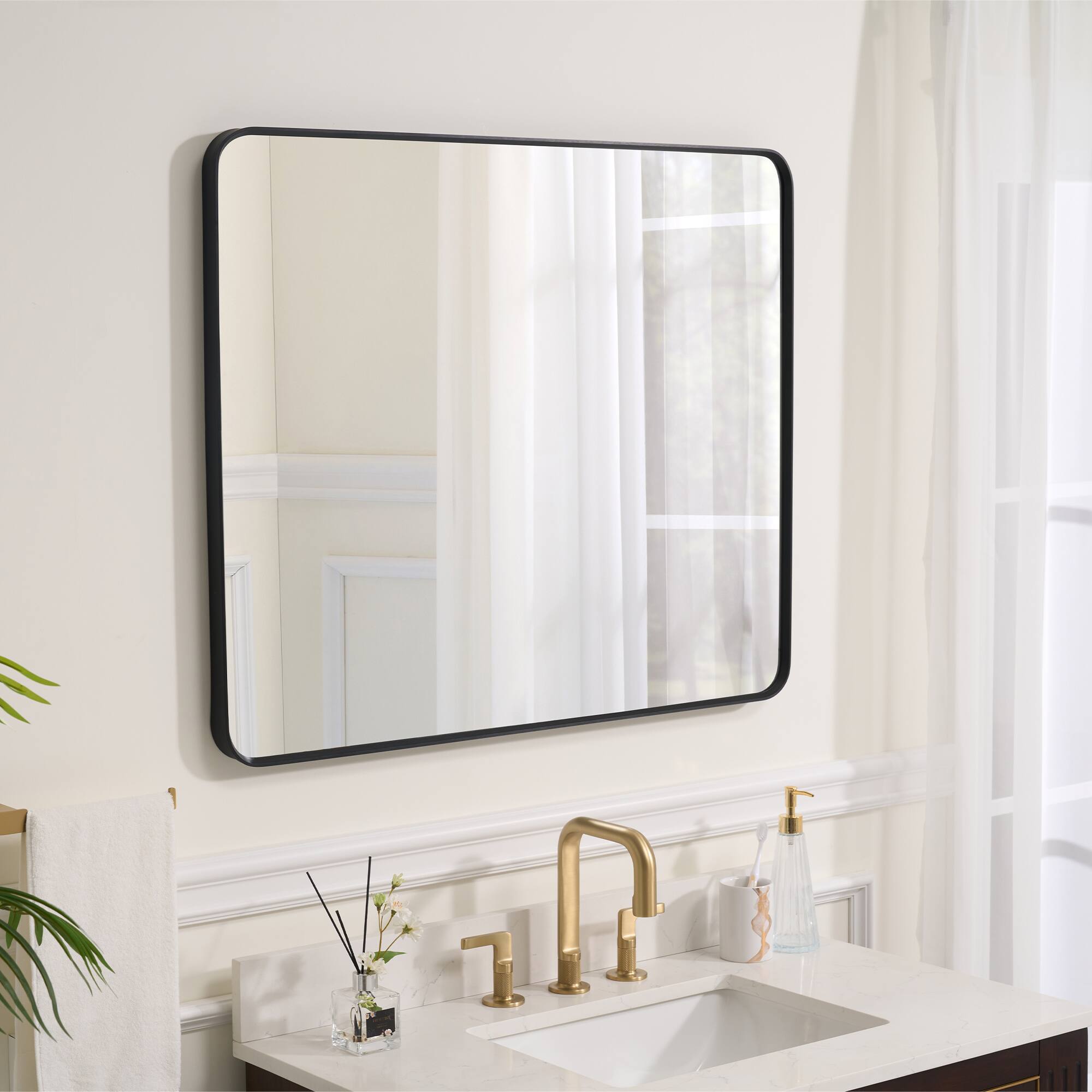 Angle. WELLFOR - 30 in. W x 36 in. H Rectangular Aluminum Framed Wall-Mounted Bathroom Vanity Mirror - Matte Black.