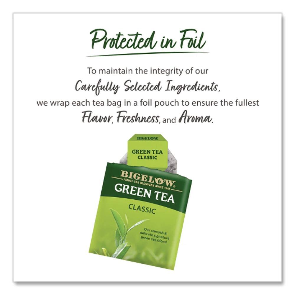 Protected in Foil

To maintain the integrity of our Carefully Selected Ingredients, we wrap each tea bag in a foil pouch to ensure the fullest Flavor, Freshness, and Aroma.

BIGELOW GREEN TEA CLASSIC  
Our smooth, delicate & green tea signature blend