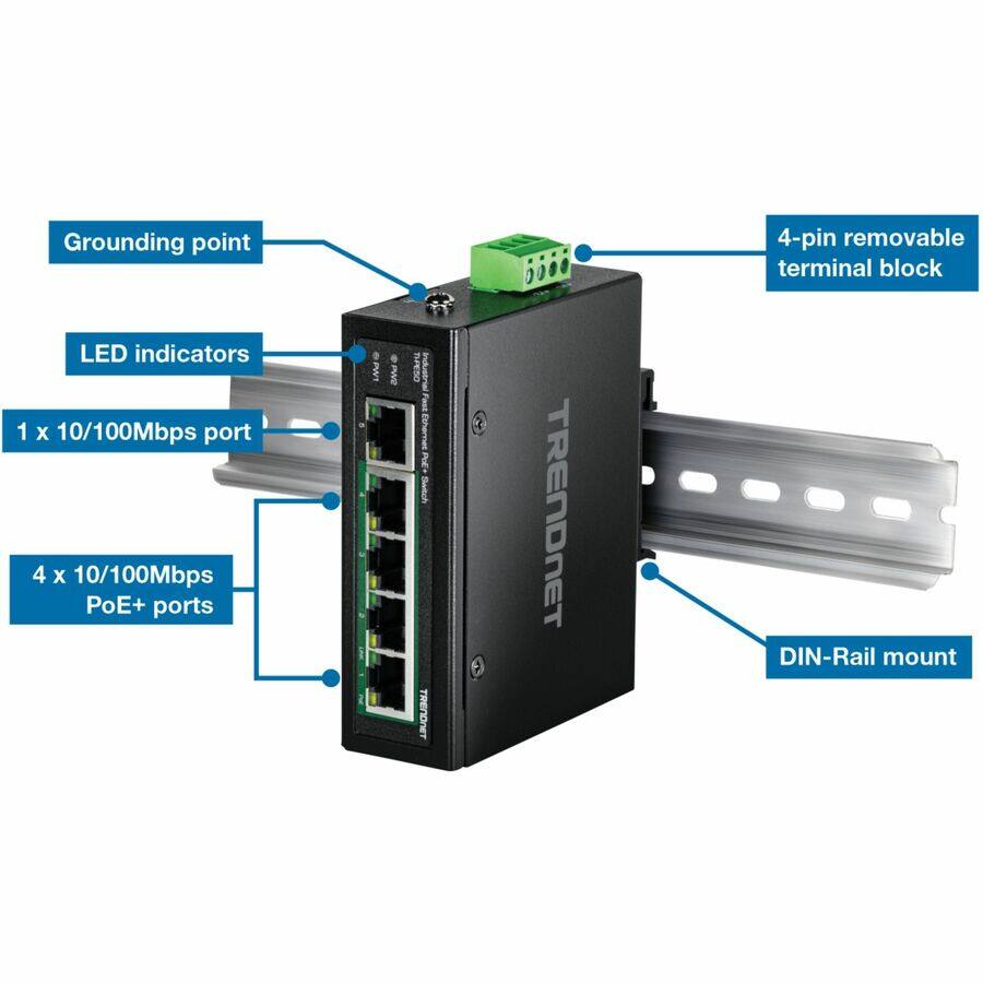 - Grounding point
- LED indicators
- 1 x 10/100Mbps port
- 4 x 10/100Mbps PoE+ ports
- 4-pin removable terminal block
- DIN-Rail mount