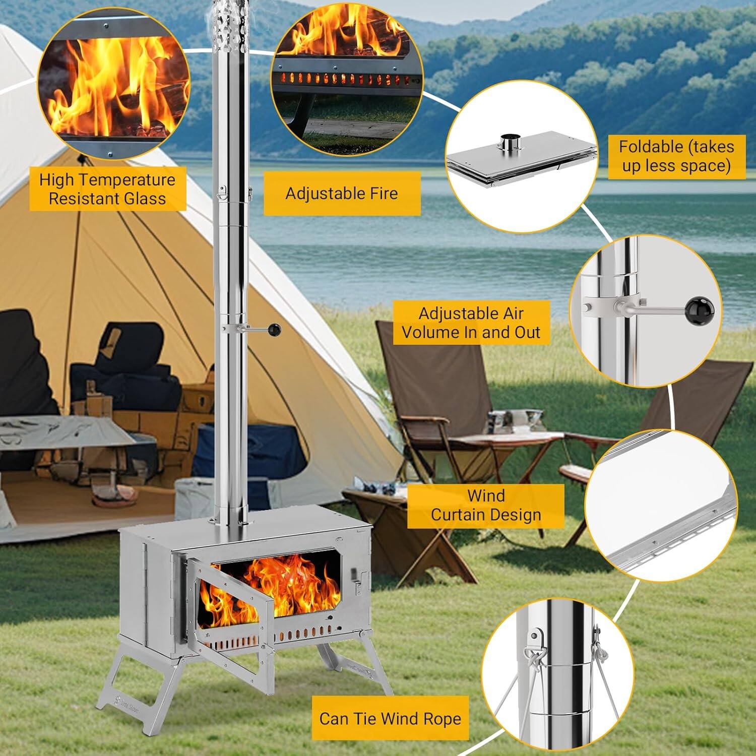 High Temperature Resistant Glass  
Adjustable Fire  
Foldable (takes up less space)  
Adjustable Air Volume In and Out  
Wind Curtain Design  
Can Tie Wind Rope