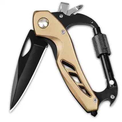 Front. Dapper Styles - Multitool Carabiner With Pocket Stocking Stuffers Gifts For Men Edc Carabiners Folding Bottle Opener Window - Champagne Gold.