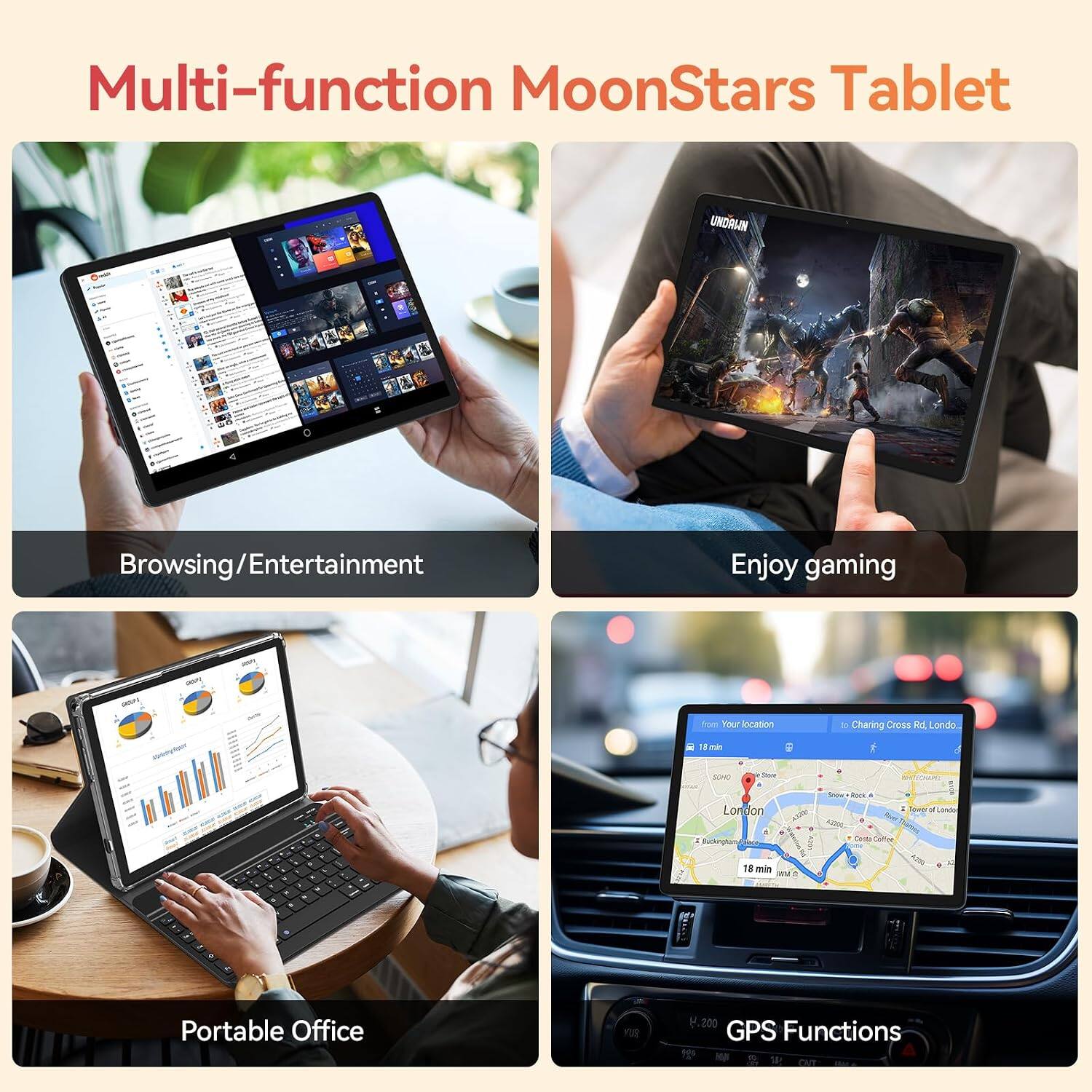 Multi-function MoonStars Tablet

UNDRIAN
Browsing/Entertainment
Enjoy gaming
Verimport
from Your location & 18 min SOHO your
1d 3
10 Charing Cross Rd, London
London
Show *Rick
Lando
: Buckingtam
Conta Coffee
-
18 min MM 1
Portable Office
BUY
H.200 GPS Functions - W CAT