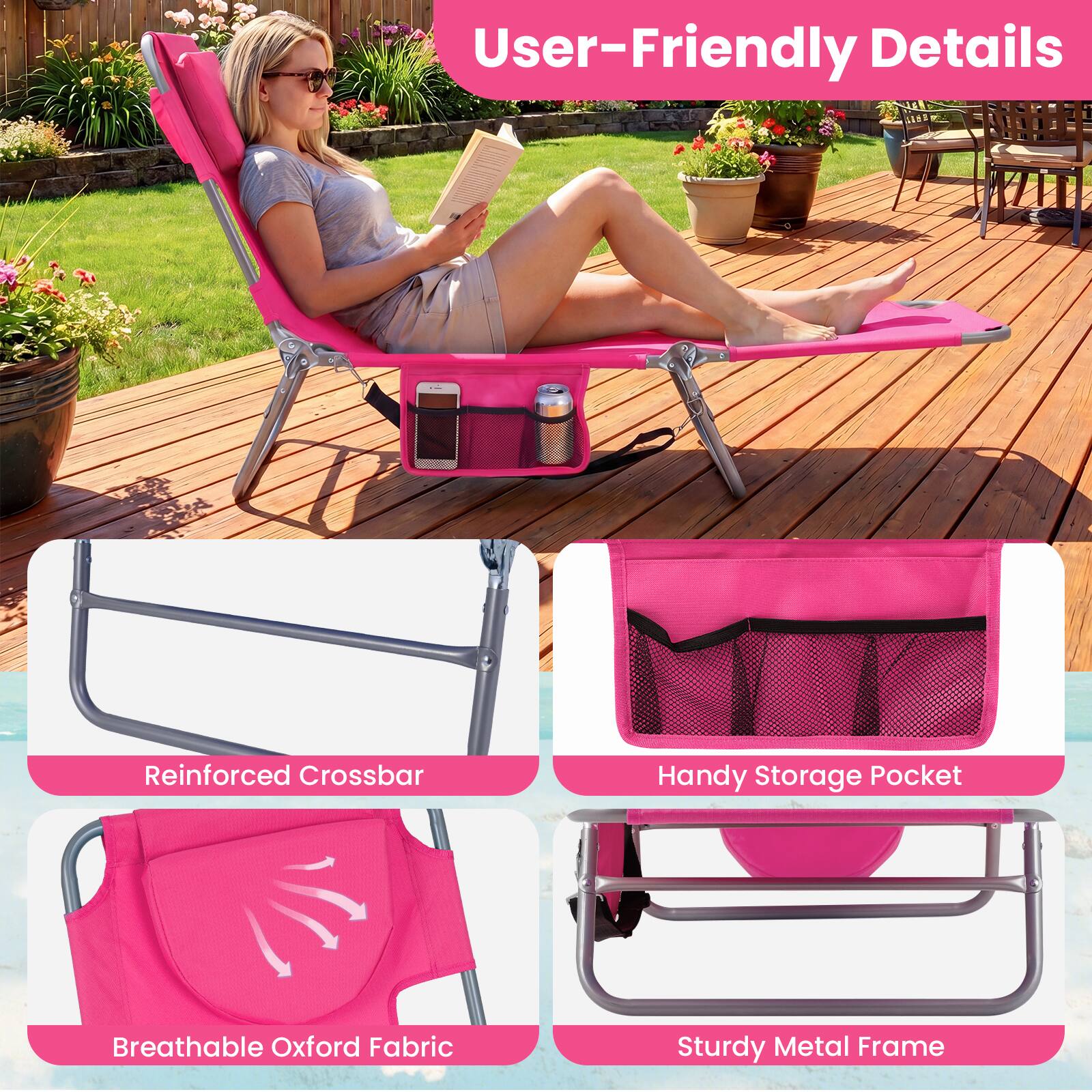 User-Friendly Details

- Reinforced Crossbar
- Handy Storage Pocket
- Breathable Oxford Fabric
- Sturdy Metal Frame