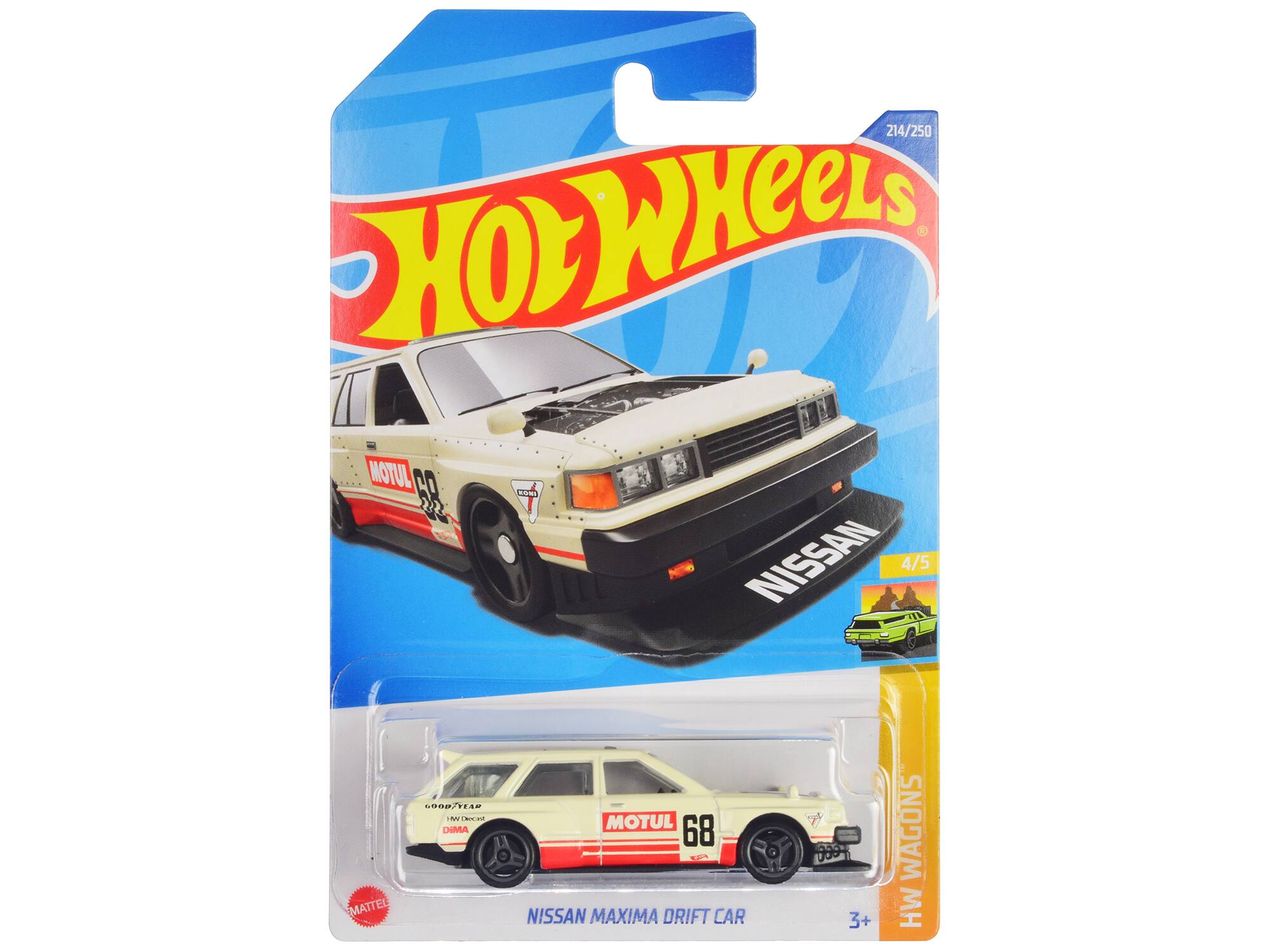 Nissan Maxima Wagon Drift Car #68 "Motul" Stripes "HW Wagons" Series Diecast Model Car by Hot Wheels - Cream With Red