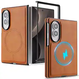 Dteck - Magnetic Leather Texture Phone Case for Samsung Galaxy Z Fold8, Shockproof Hybrid Cover with Raised Edge Camera Defense - Brown