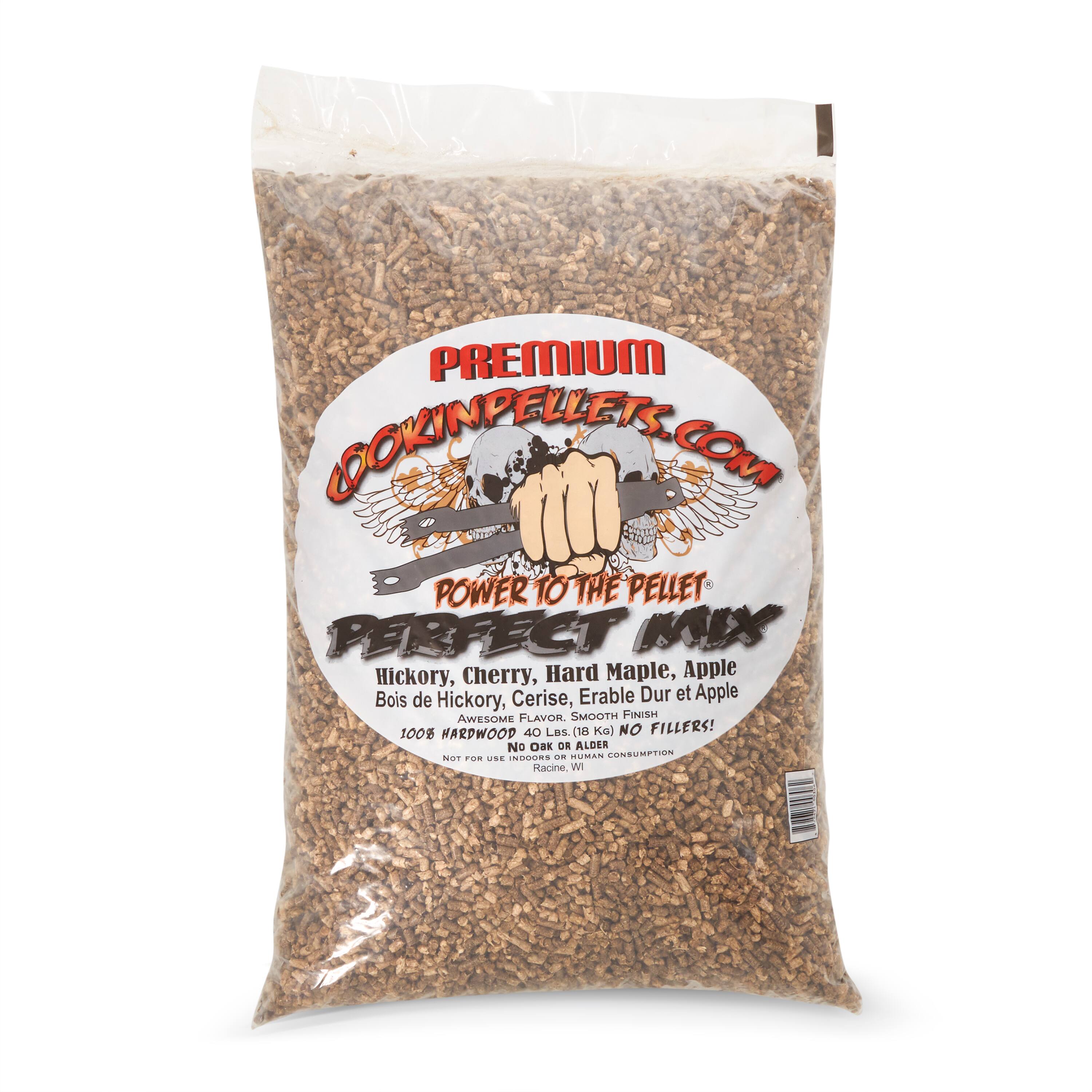 PREMIUM COOKINPELLETS.COM  
POWER TO THE PELLET  
PERFECT MIX  
Hickory, Cherry, Hard Maple, Apple  
Bois de Hickory, Cerise, Erable Dur et Apple  
AWESOME FLAVOR SMOOTH FINISH  
100% HARDWOOD (18 Kg) NO FILLERS!  
No Oak, No Alder  
NOT FOR USE INDOOR OR FOR HUMAN CONSUMPTION  
Racine, WI