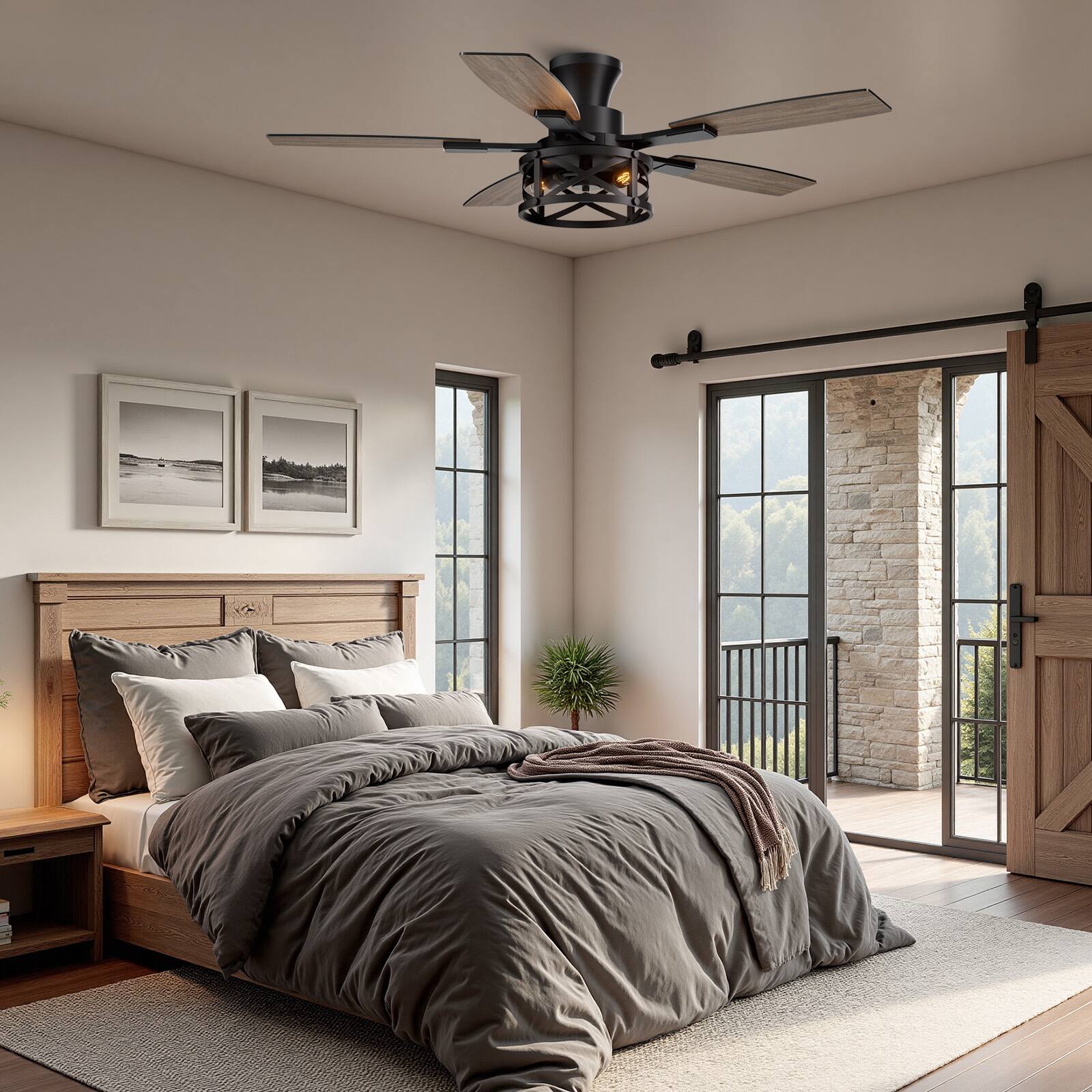 Back. Siljoy - 52 inch Farmhouse Matte Black Flush Mount Ceiling Fan with Lights 5 Dual Color Blades for Patio Bedroom Living Room - Matte Black.