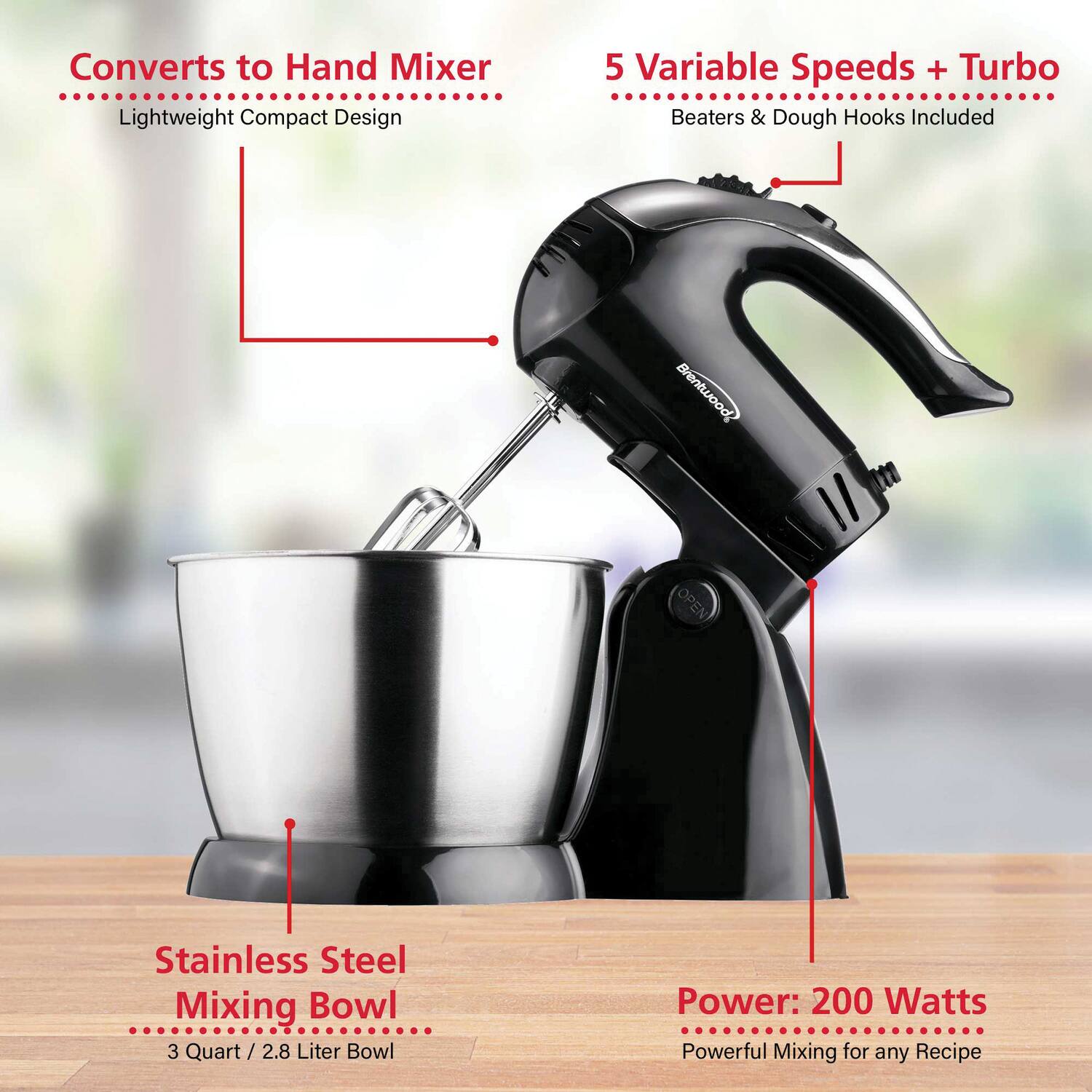- Converts to Hand Mixer
  - Lightweight Compact Design

- 5 Variable Speeds + Turbo
  - Beaters & Dough Hooks Included

- Stainless Steel Mixing Bowl
  - 3 Quart / 2.8 Liter Bowl

- Power: 200 Watts
  - Powerful Mixing for any Recipe