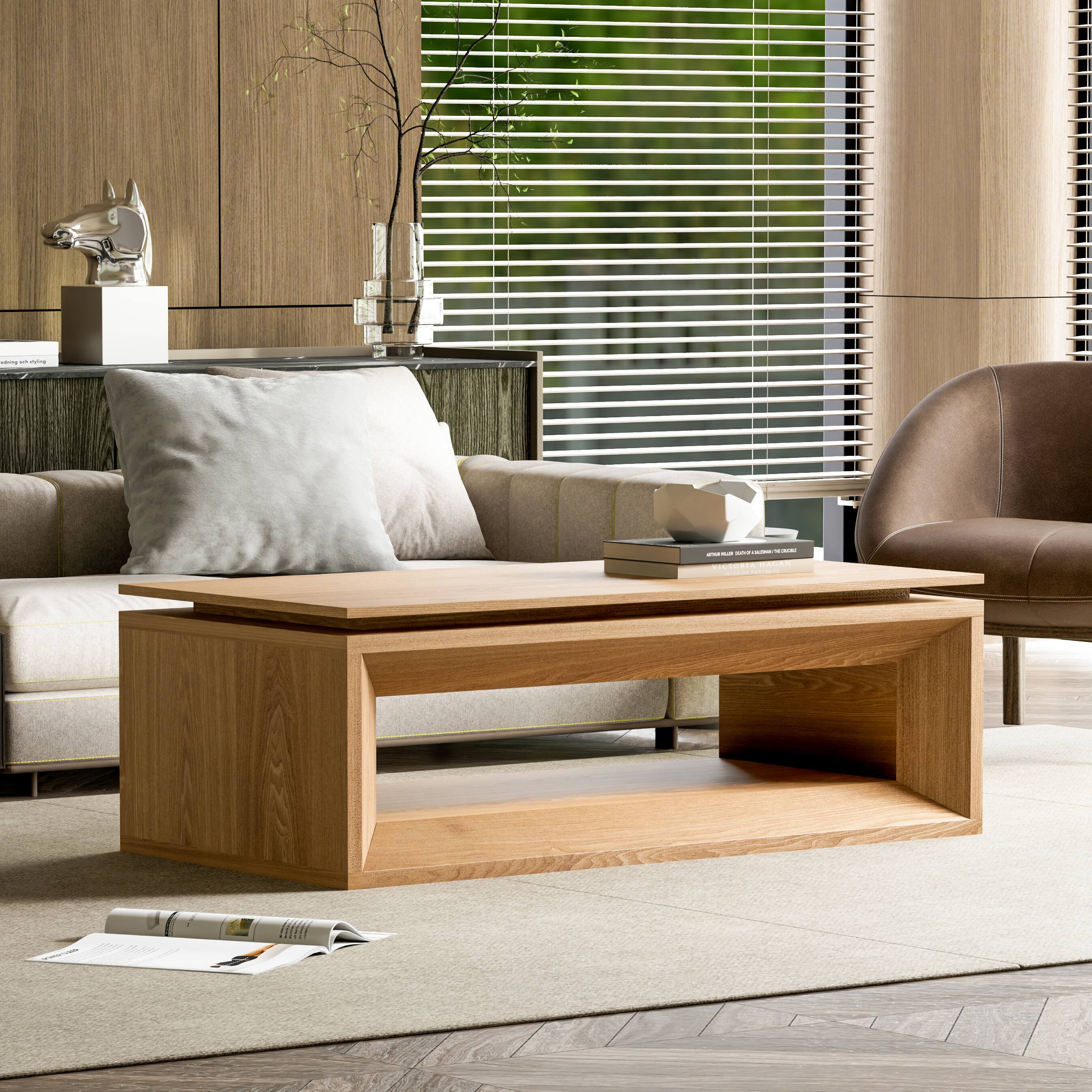 Angle. Loheer - Loheer Lift-Top Coffee Table 43.3 Inch, Solid Wood Veneer, Hidden Storage, Adjustable Height, Natural Wood Finish - Natural Wood.