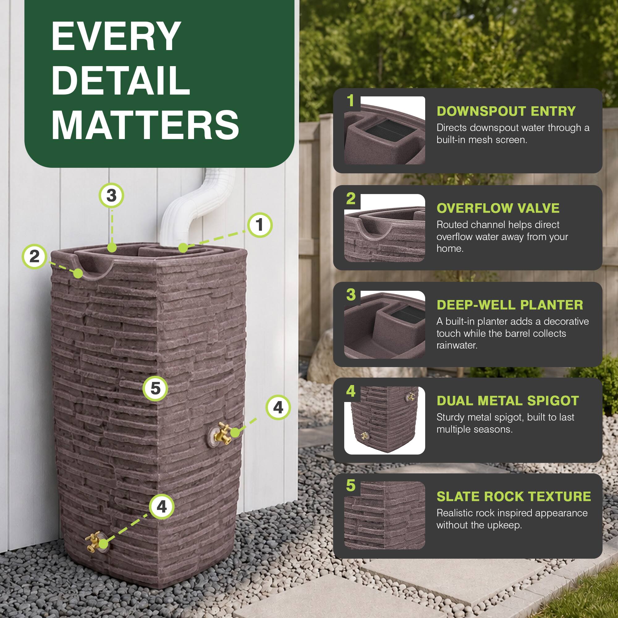 EVERY DETAIL MATTERS

1. DOWNSPOUT ENTRY
   Directs downspout water through a built-in mesh screen.

2. OVERFLOW VALVE
   Routed channel helps direct overflow water away from your home.

3. DEEP-WELL PLANTER
   A built-in planter adds a decorative touch while the barrel collects rainwater.

4. DUAL METAL SPIGOT
   Sturdy metal spigot, built to last multiple seasons.

5. SLATE ROCK TEXTURE
   Realistic rock inspired appearance without the upkeep.