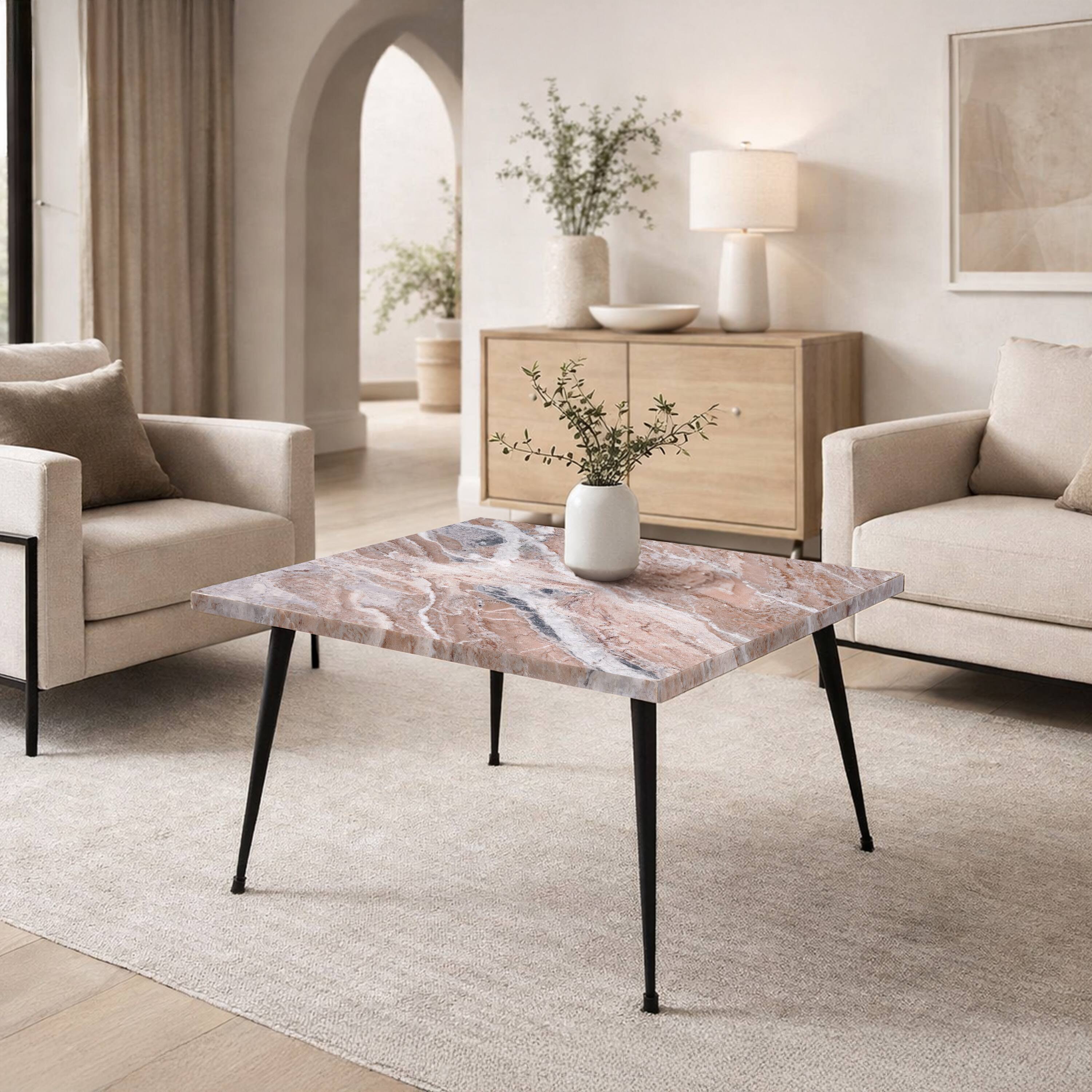 Alt View 10. Manhattan Lane - Taro Coffee Table | 24 Inch Square Taupe Brown Real Marble Top | Black Metal Legs - Taupe Brown, Black.
