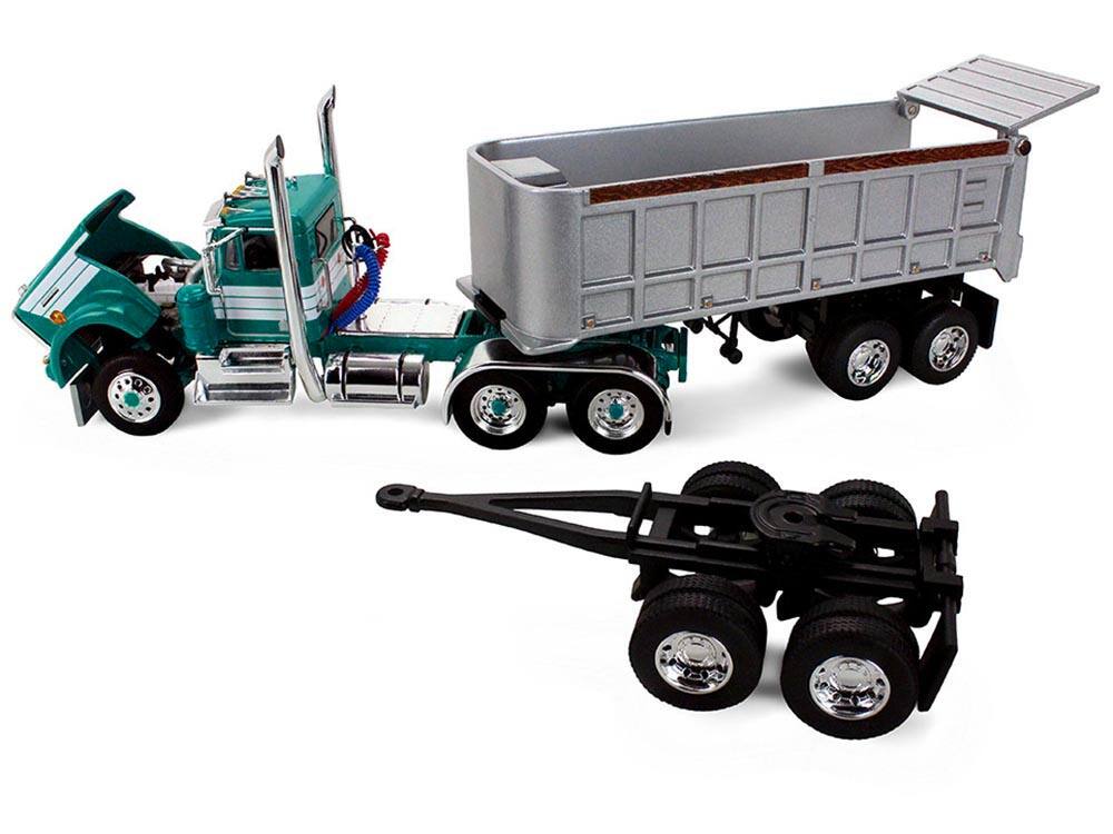 Alt View 1. First Gear - Kenworth W900A Day Cab with 22' Dual End Dump Trailers Turquoise with White Stripes 1/64 Diecast Model by DCP/First Gear.