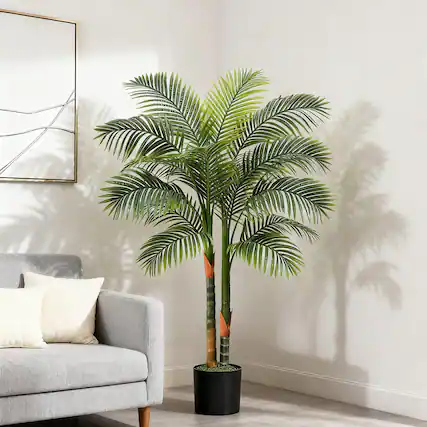 Front. NOVAROOT - 6Ft Artificial Golden Cane Palm Tree with Lights Tall Double Stalk Large Tropical Fake Tree - Green.