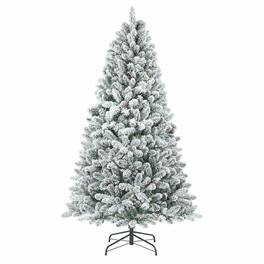 RYHNUYNE - 6FT Flocked Christmas Tree With Pine Cones, 888 Snowy PVC Tips 36 Natural Pinecones Full Shape Sturdy Metal Stand - Green,White