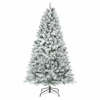 Front. RYHNUYNE - 6FT Flocked Christmas Tree With Pine Cones, 888 Snowy PVC Tips 36 Natural Pinecones Full Shape Sturdy Metal Stand - Green,White.