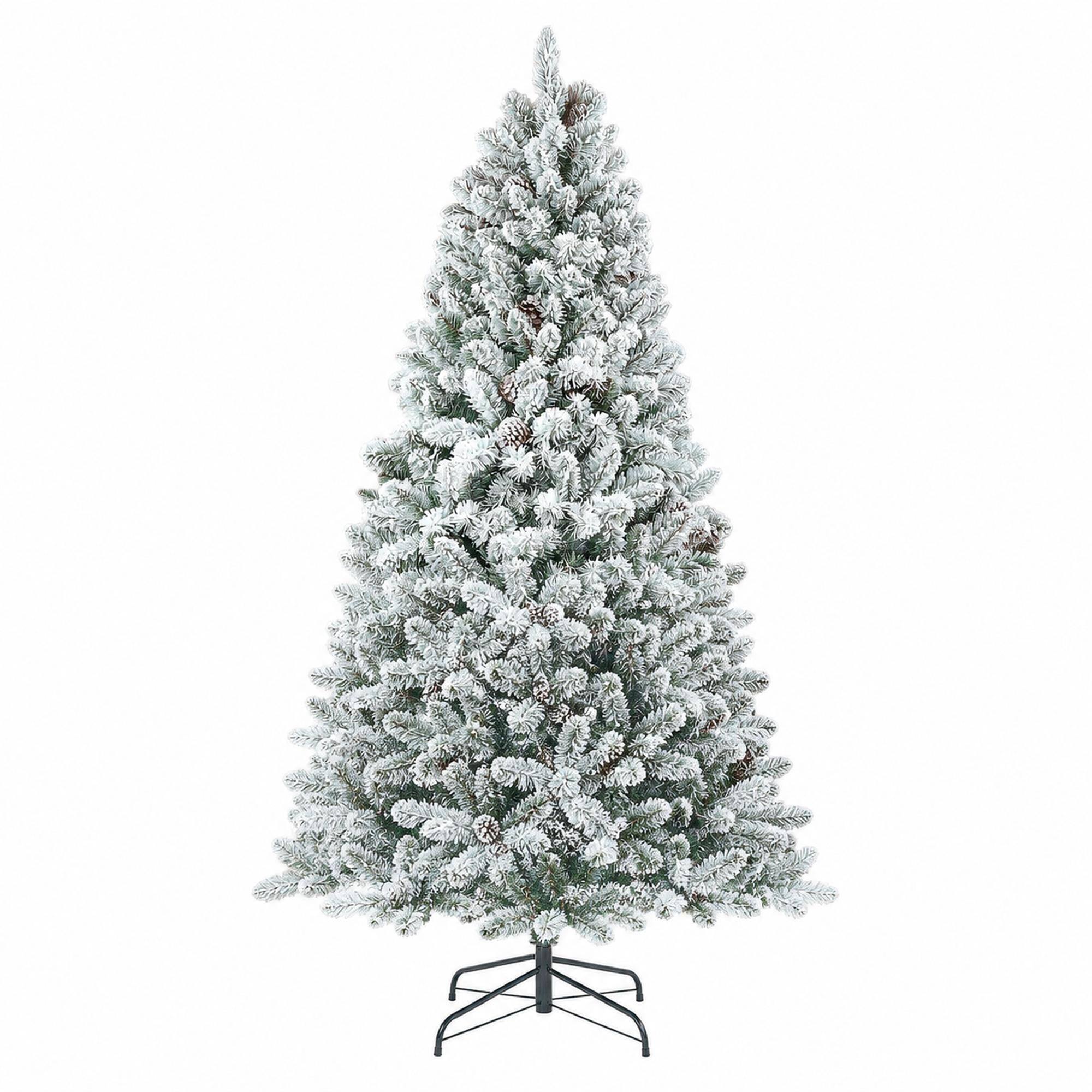 Front. RYHNUYNE - 6FT Flocked Christmas Tree With Pine Cones, 888 Snowy PVC Tips 36 Natural Pinecones Full Shape Sturdy Metal Stand - Green,White.