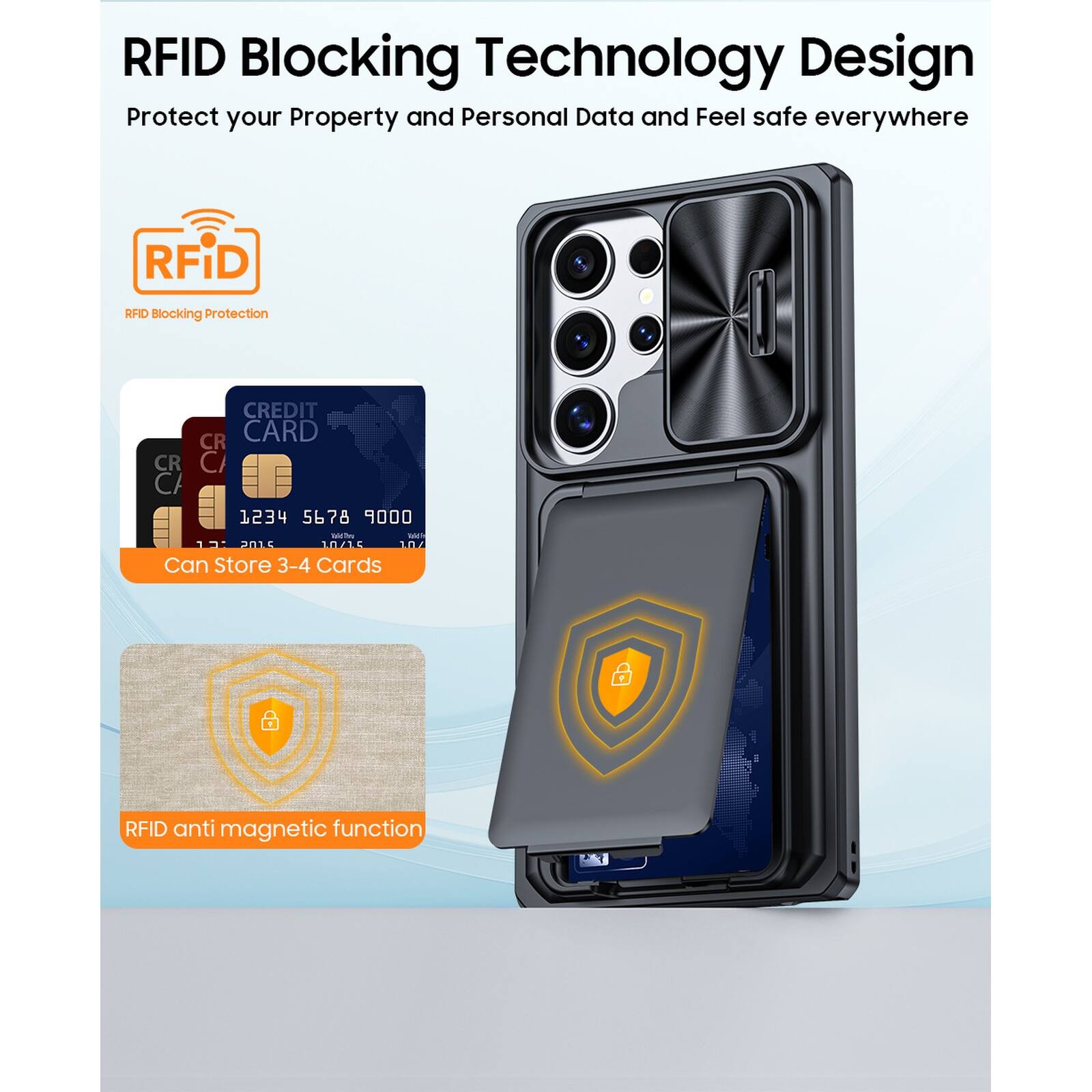 RFID Blocking Technology Design  
Protect your Property and Personal Data and Feel safe everywhere  

RFID Blocking Protection  

Can Store 3-4 Cards  

RFID anti magnetic function