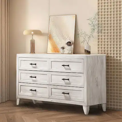 Front. Vaczon - 6-Drawer Dresser for Bedroom, Wooden Storage Chest with Metal Handles, Smooth Glide Drawers for Living Room, Entryway - White Wash.