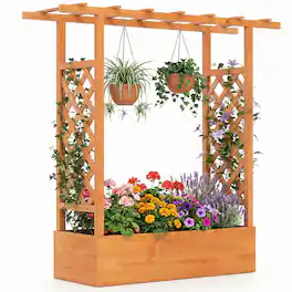 Costway - 1 PCS Wooden Raised Garden Bed with Trellis & Hanging Roof, Drainage Holes for Plants - Orange