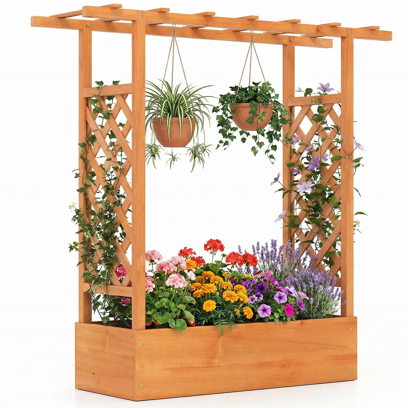 Front. Costway - Costway 1 PCS Wooden Raised Garden Bed with Trellis & Hanging Roof, Drainage Holes for Plants - Orange.