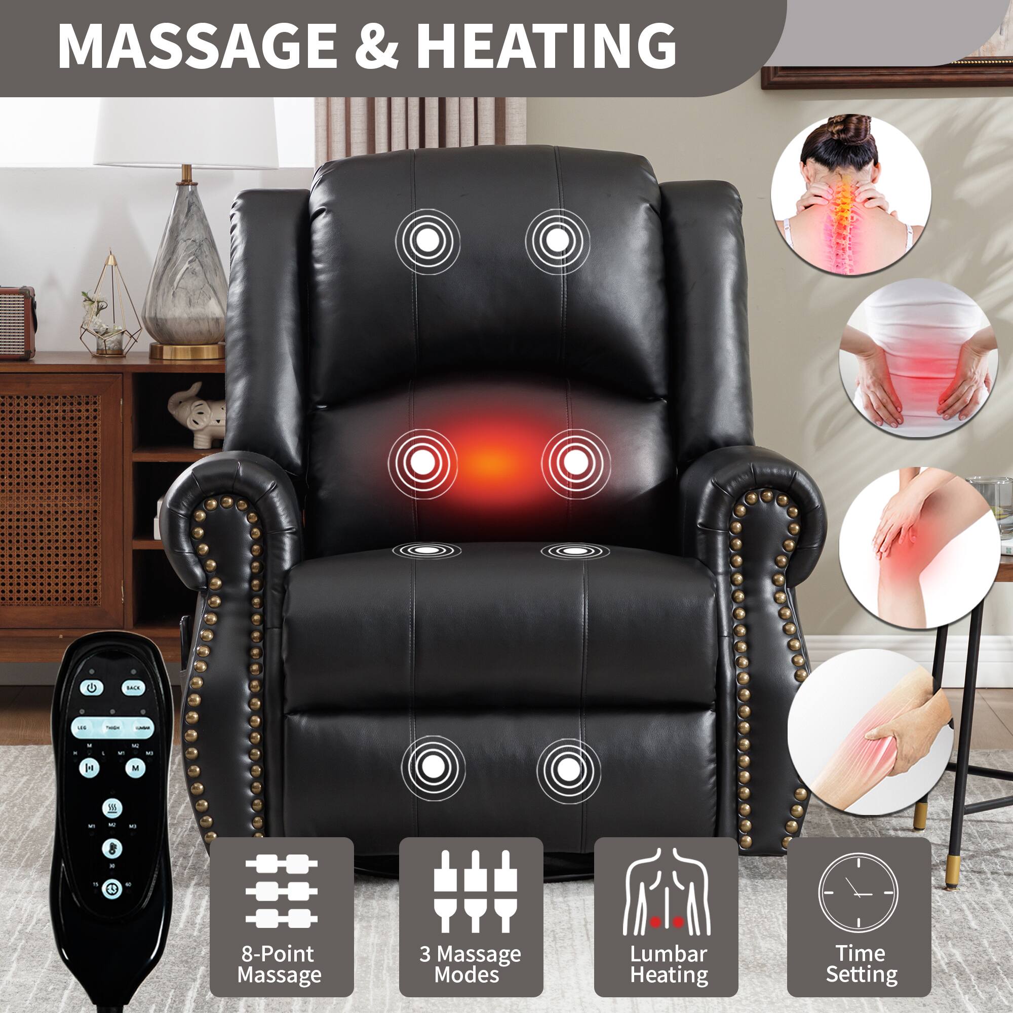 MASSAGE & HEATING

- 8-Point Massage
- 3 Massage Modes
- Lumbar Heating
- Time Setting
