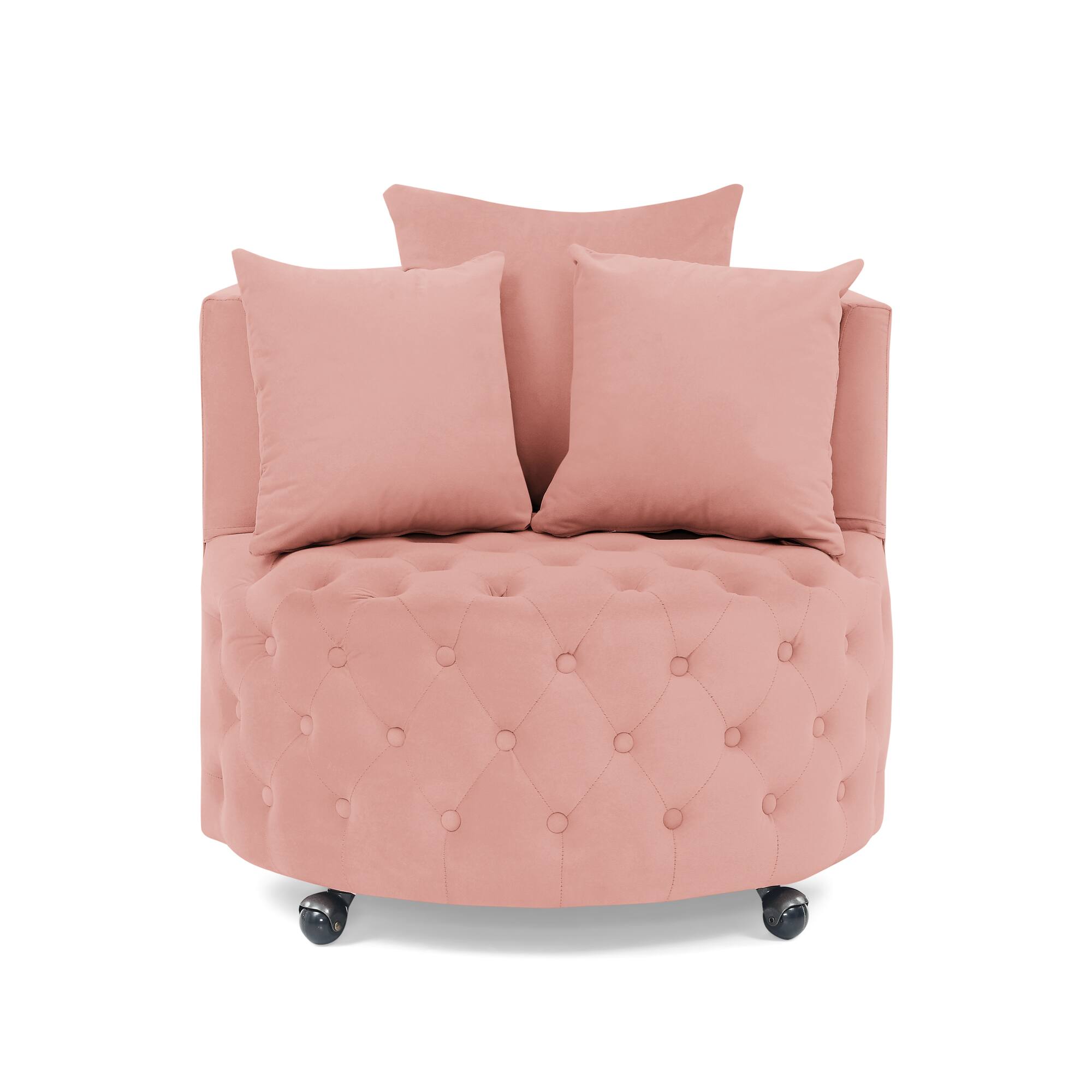 Alt View 1. Trinkets Crazed - Velvet Upholstered Swivel Chair for Living Room, with Button Tufted Design and Movable Wheels, Including 3 Pillows - Pink.
