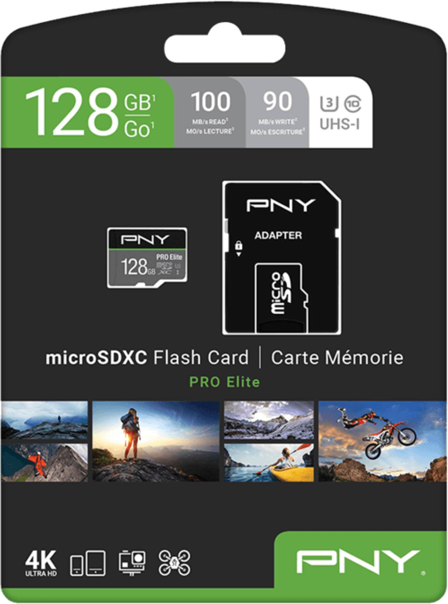 Sure, here is the corrected and grouped text from the image:

---

**PNY**

**128 GB**  
**100 MB/s READ**  
**90 MB/s WRITE**  
**UHS-I**

**microSDXC Flash Card**  
**Carte Mémoire**

**PRO Elite**

**4K ULTRA HD**

**PNY PRO Elite 128 GB**  
**microSDXC UHS-I**

**ADAPTER**

---

This text is organized to reflect the information on the packaging of the PNY PRO Elite 128 GB microSDXC Flash Card.