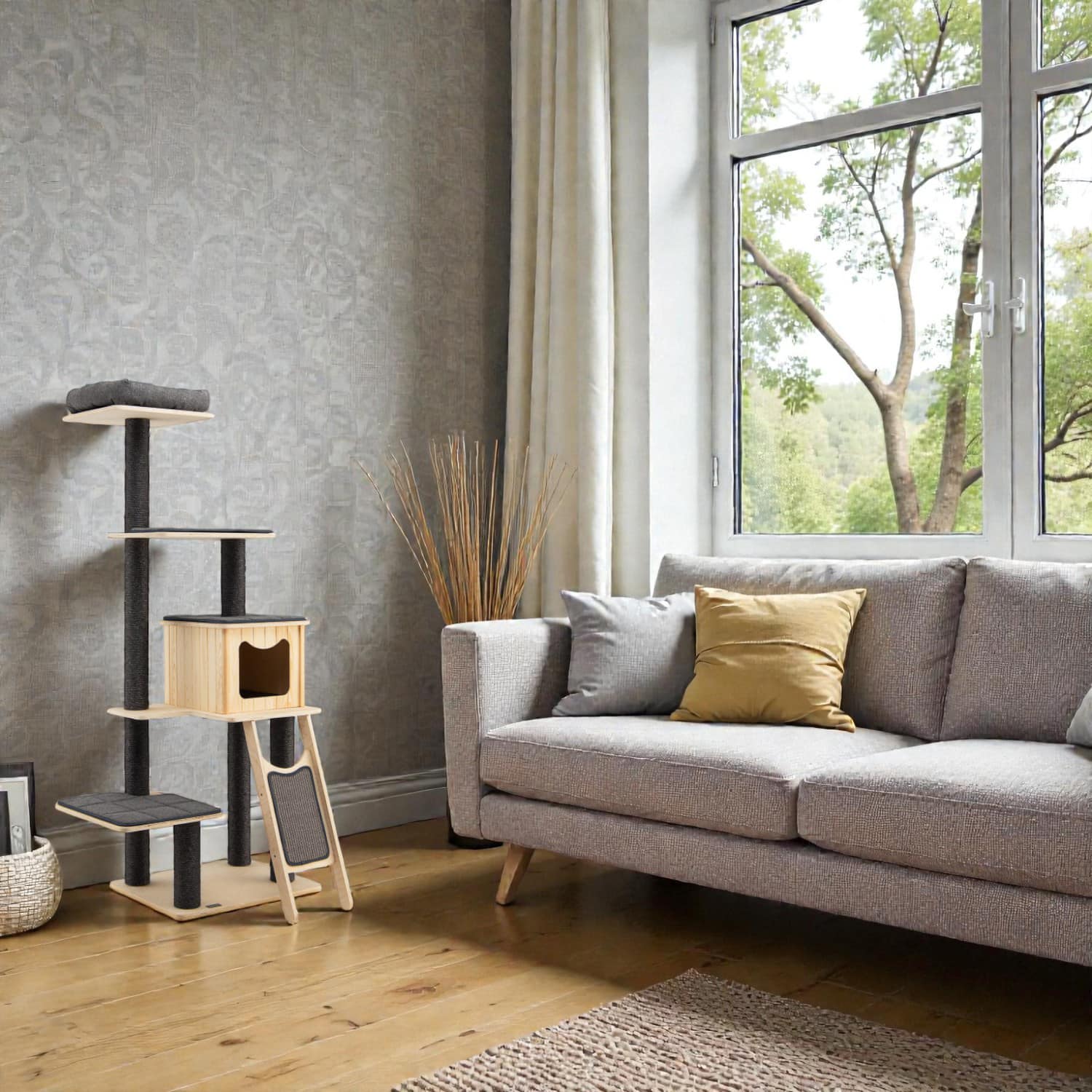 BreeBe - 5-Level Modern Wooden Cat Tree with Removable Washable Cushions - Gray