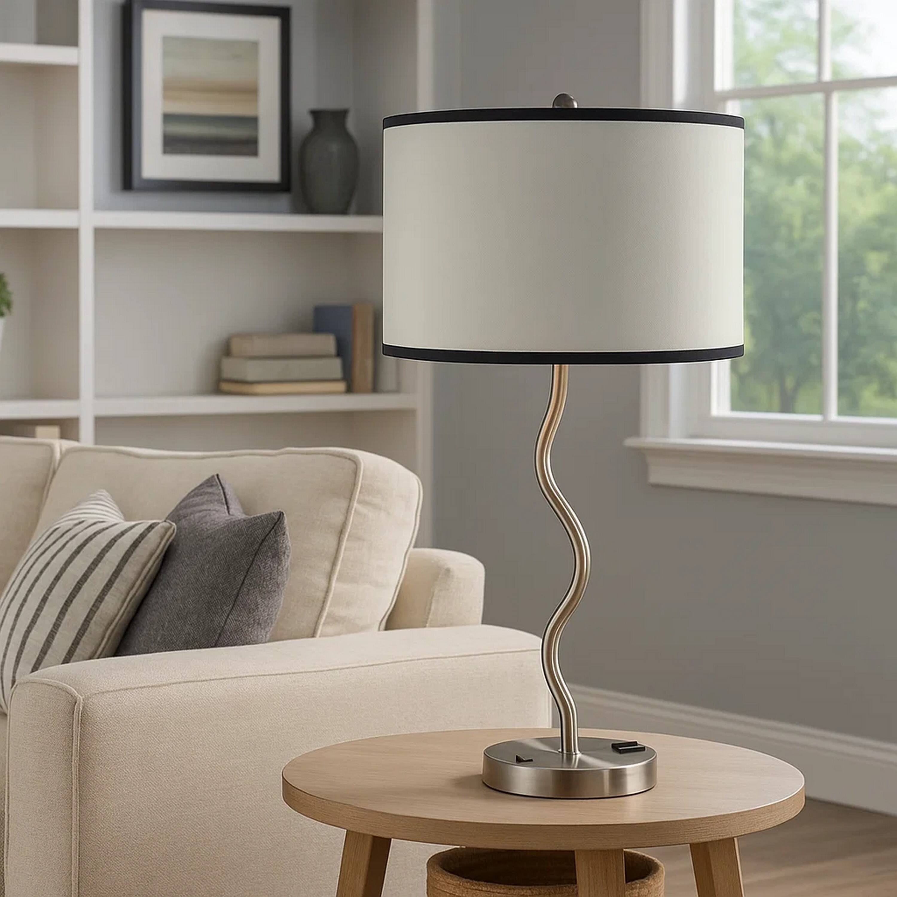 Alt View 2. Manhattan Lane - 29 Inch Round Drum Shade Table Lamp, Curved Tubular Frame - Silver.