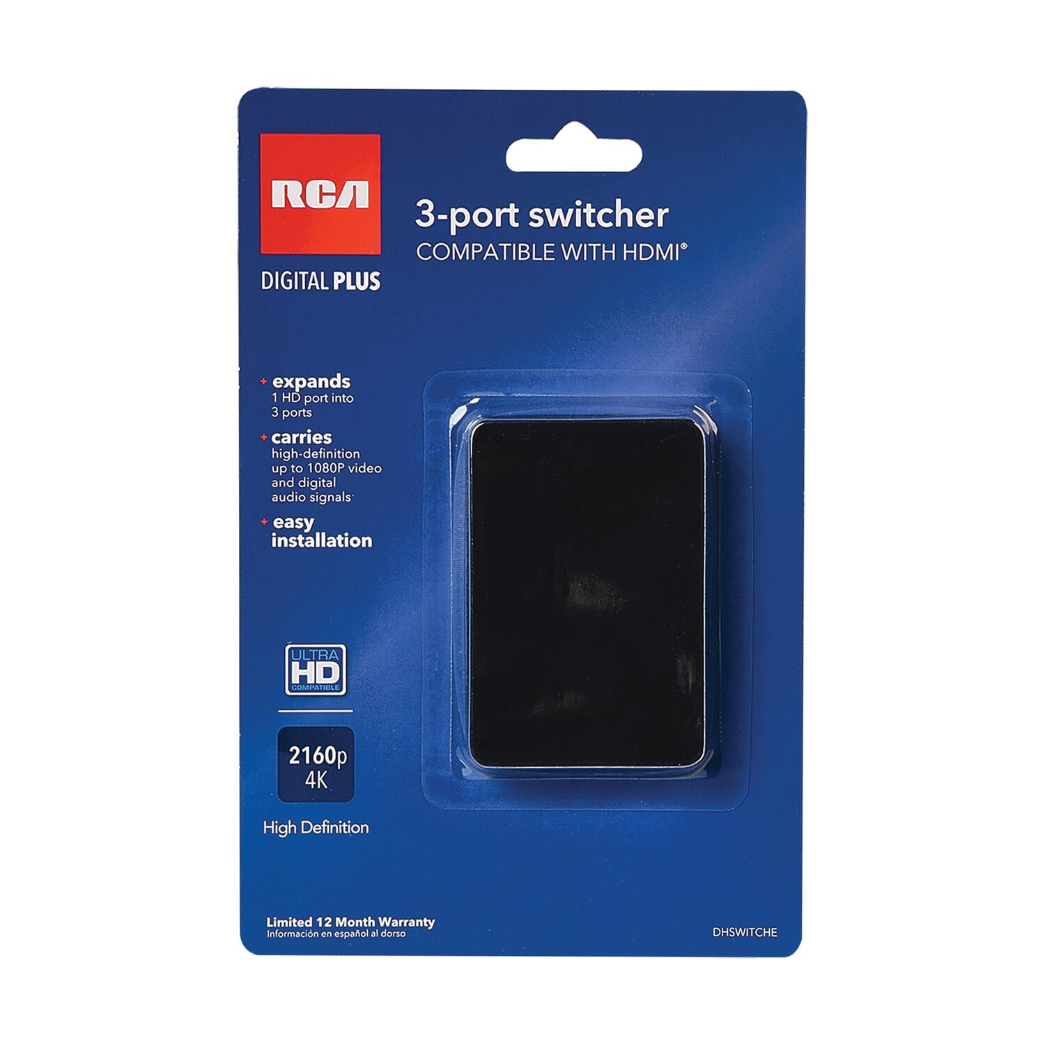 RCA  
3-port switcher  
COMPATIBLE WITH HDMI*  

DIGITAL PLUS  

- expands 1 HD port into 3 ports  
- carries high-definition up to 1080P video and digital audio signals  
- easy installation  

ULTRA HD COMPATIBLE  
2160p 4K  
High Definition  

Limited 12 Month Warranty  
Información en español al dorso  

DHSWITCHE