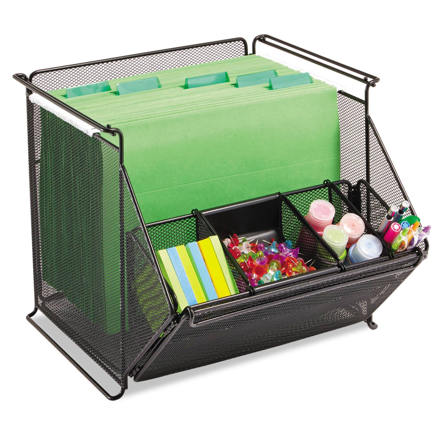 Angle. Safco - Safco Onyx Stackable Mesh Storage Bin, 4 Compartments, Steel Mesh, 14 x 15.5 x 11.75, Black.