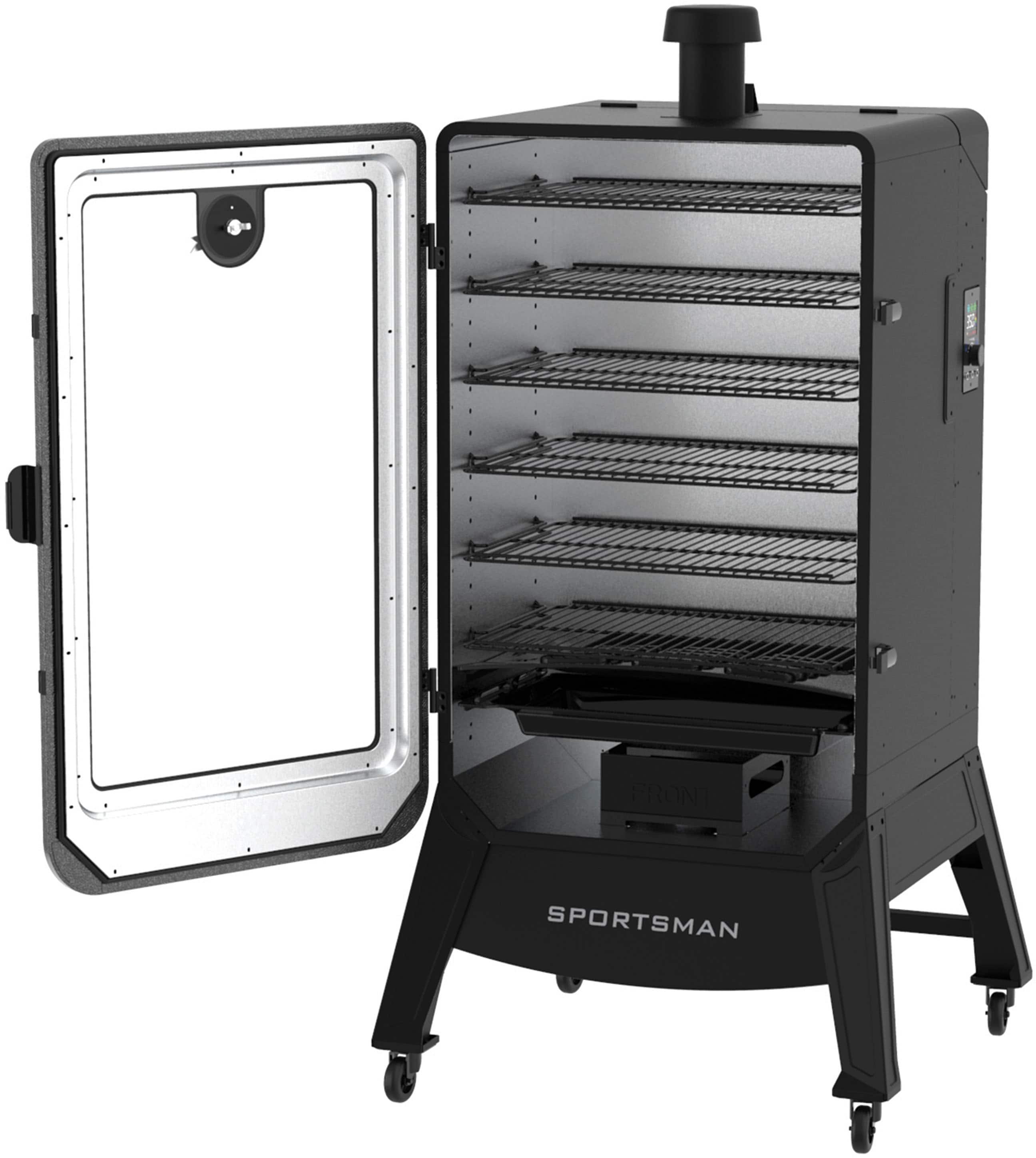 The text "5 3N FRONT SPORTSMAN" refers to a specific model of a grill. The grill is a black sportsman grill with a silver door, and it has a large cooking area with multiple racks. The grill is designed for outdoor cooking and is likely used for preparing various types of food, such as meats, vegetables, and other dishes. The grill is also equipped with a temperature control system, allowing users to adjust the heat according to their preferences and cooking requirements.