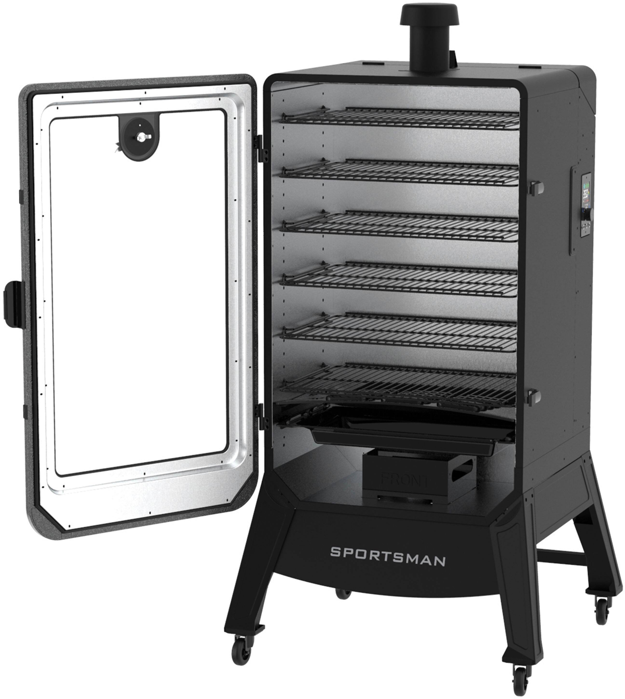 The text "5 3N FRONT SPORTSMAN" refers to a specific model of a grill. The grill is a black sportsman grill with a silver door, and it has a large cooking area with multiple racks. The grill is designed for outdoor cooking and is likely used for preparing various types of food, such as meats, vegetables, and other dishes. The grill is also equipped with a temperature control system, allowing users to adjust the heat according to their preferences and cooking requirements.