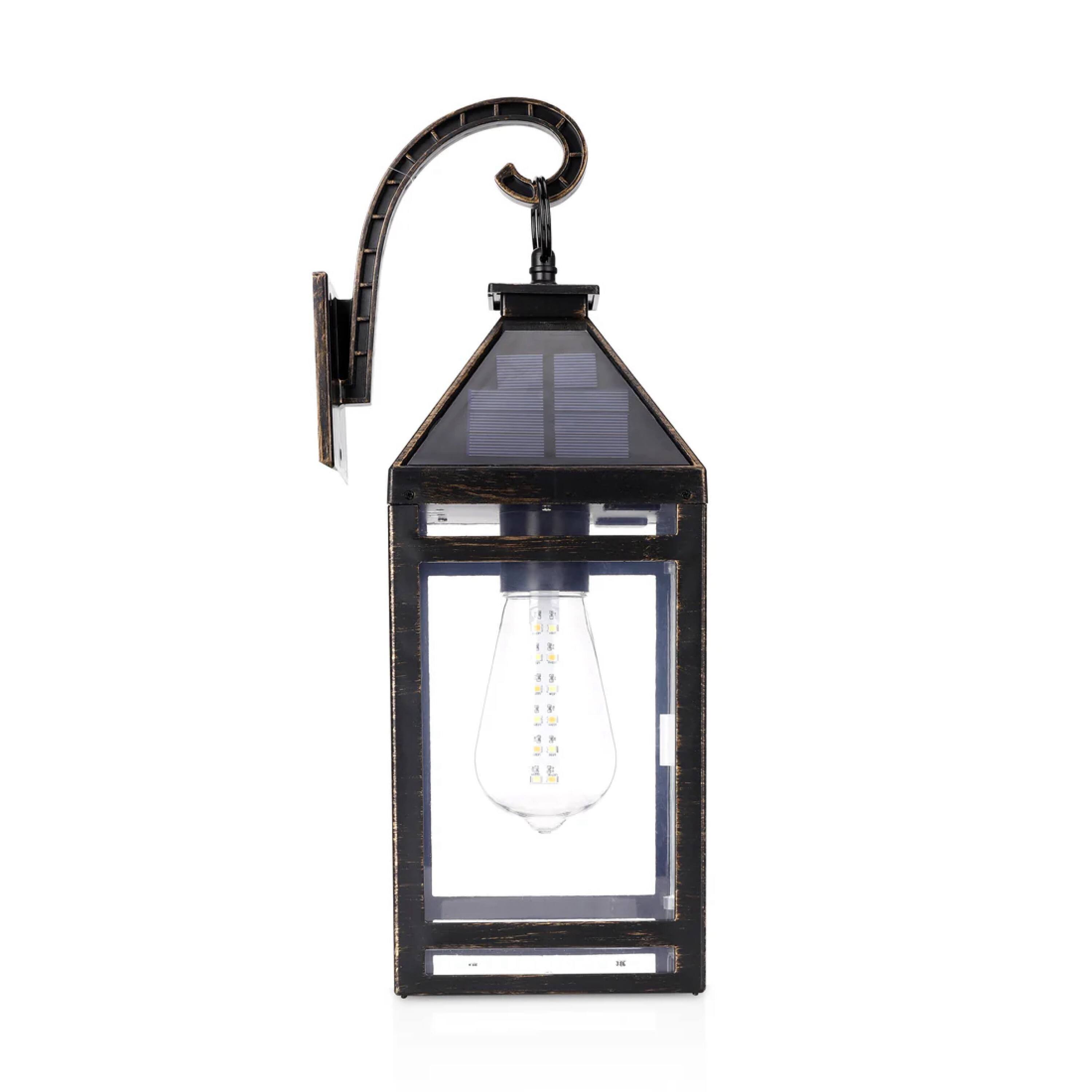Left. Techko Maid - Solar Outdoor LED Hanging Coach Light Sconce with Hanger - Dual Lighting Modes - Black.