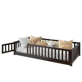 GOODSILO - Twin Size Low-Profile Children's Floor Bed with Safety Guardrails and Entry Door, Natural Wood Finish - Espresso